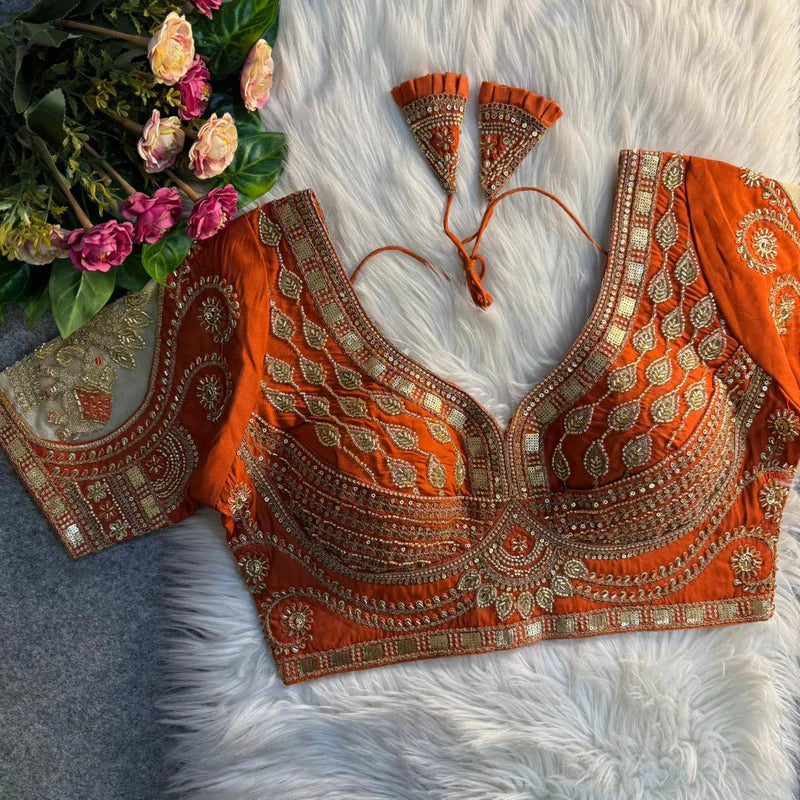Copper Royal Elephant Patch Work Bridal Blouse  Roman Silk Heavy Beads & Sequins Designer Wear