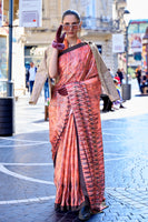 Coral Satin Crape Saree With Digital Print