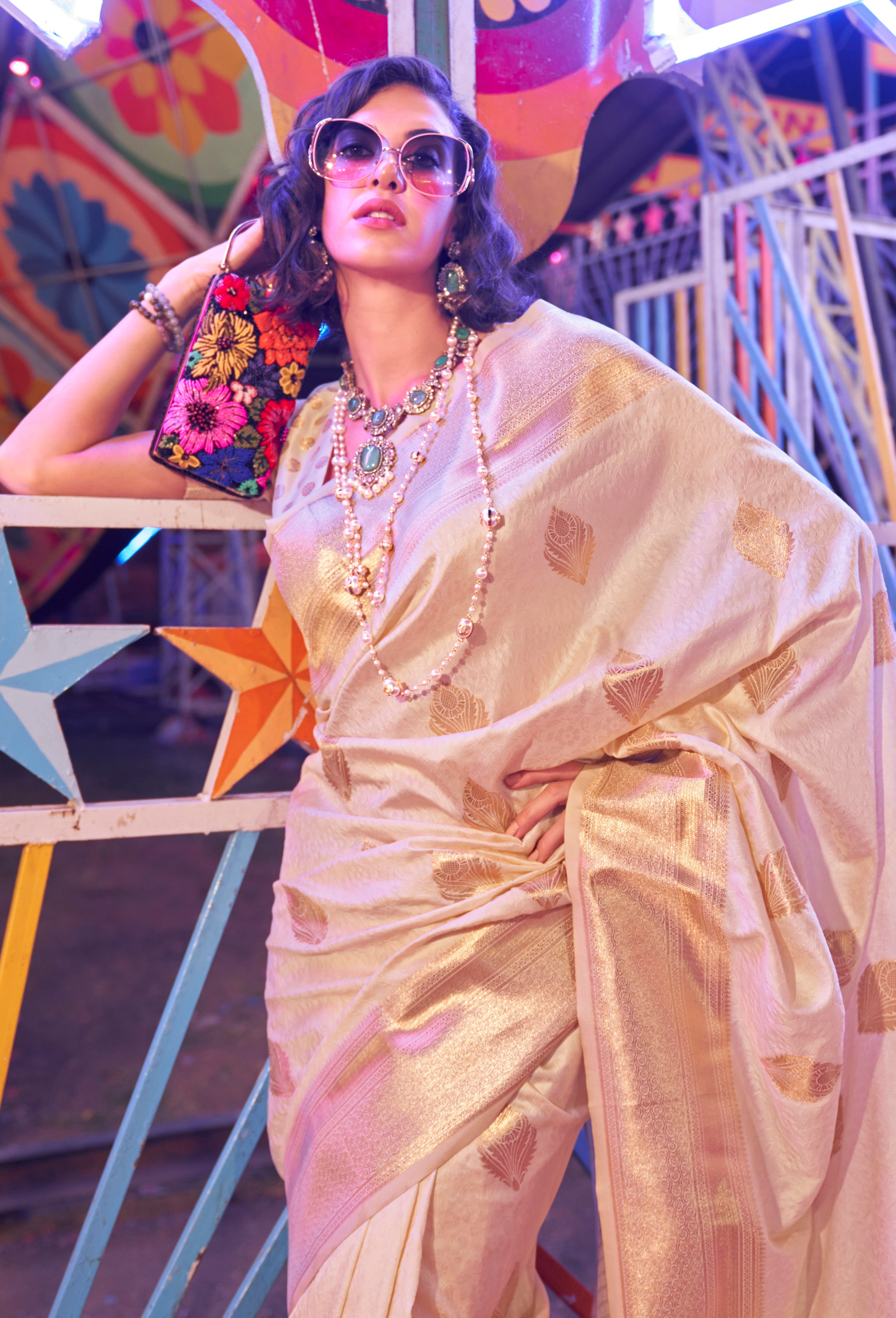 Cream Banarasi Silk Saree With  Jacquard Woven Work