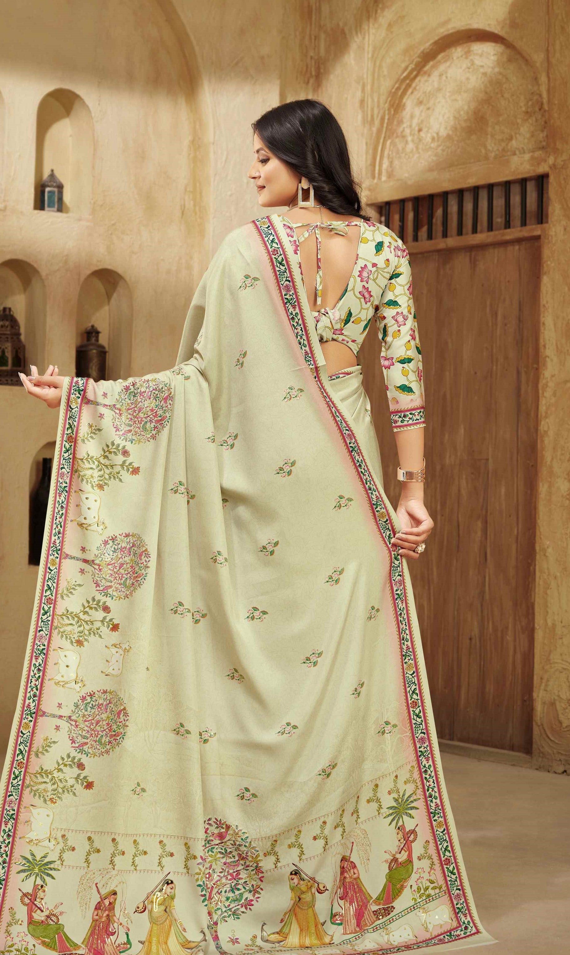 Cream Beautiful Designer Position Digital Foil Printed Crepe Silk Designer Partywear Saree
