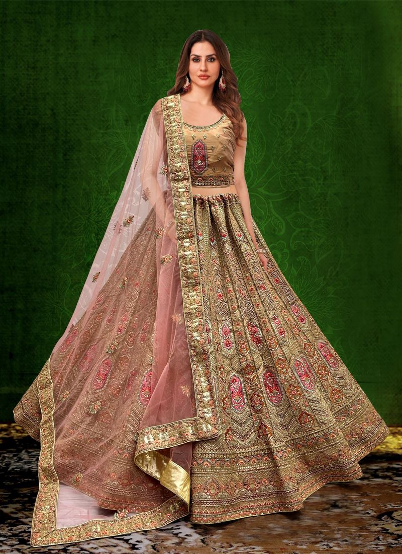 Cream Bridal Net  Lehenga Choli With Embroidery Work