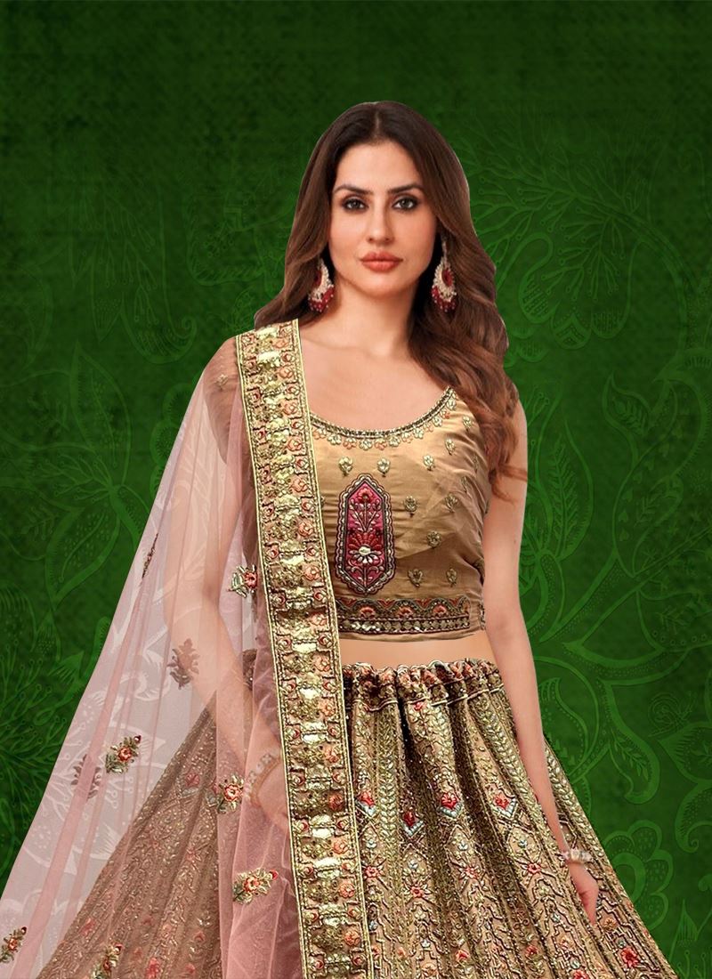 Cream Bridal Net  Lehenga Choli With Embroidery Work
