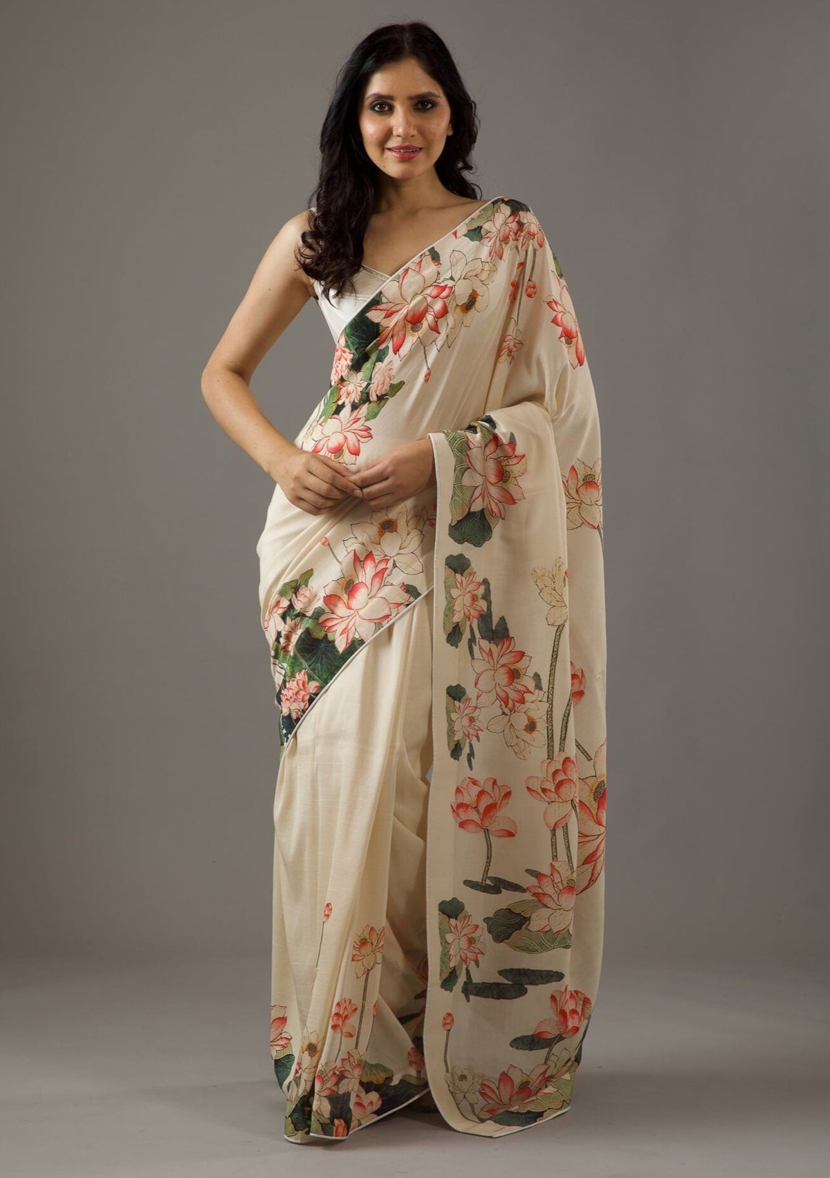 Cream Bright Moss Saree With Printed