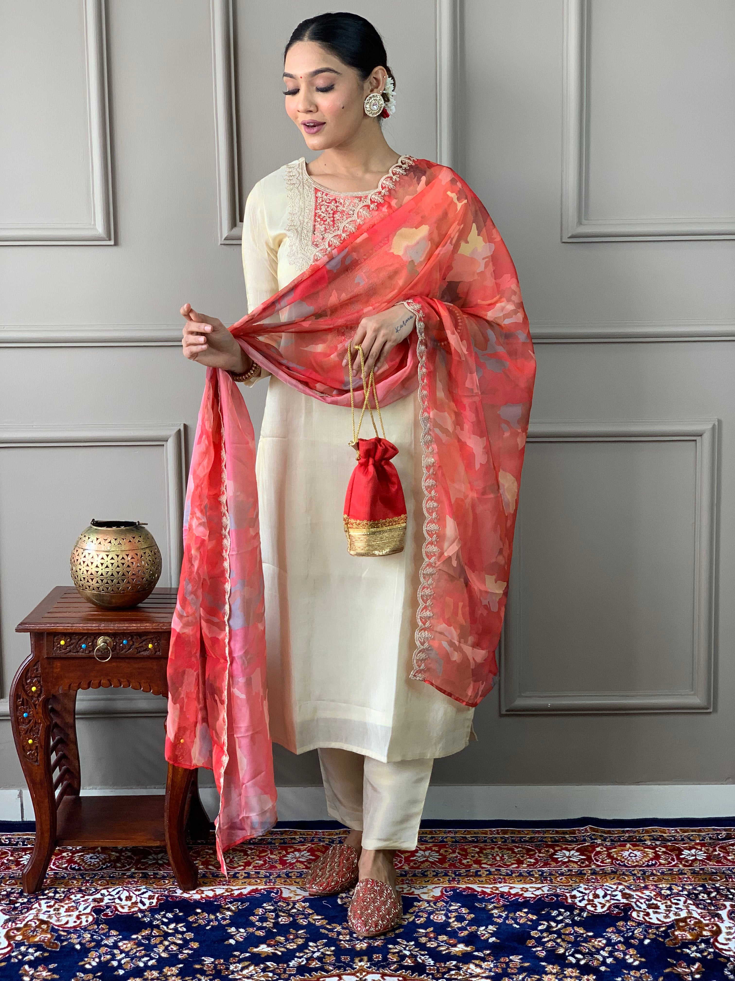 Cream Chanderi Silk Elegant Kurta Pant Set With Embroidery Work