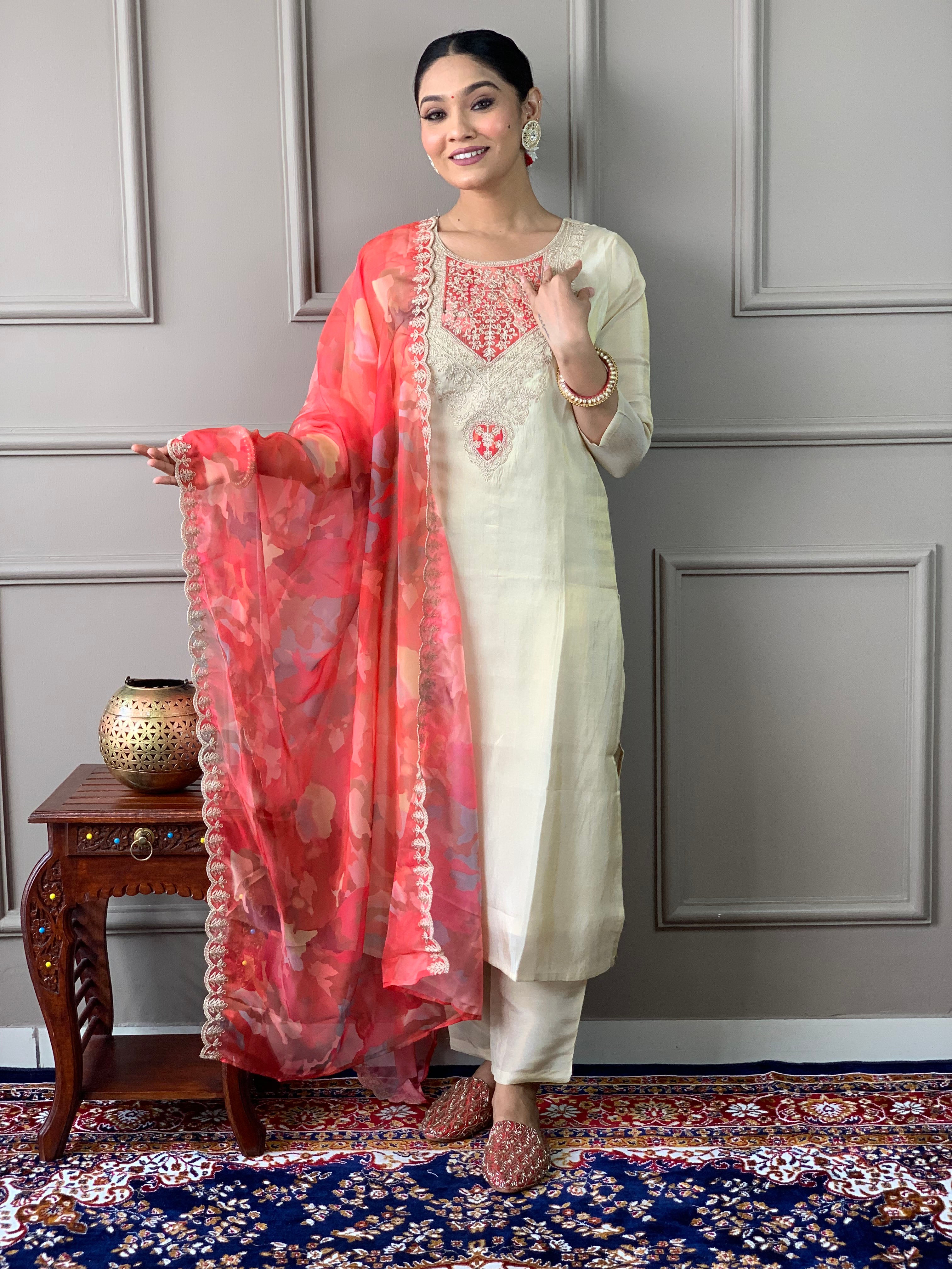 Cream Chanderi Silk Elegant Kurta Pant Set With Embroidery Work