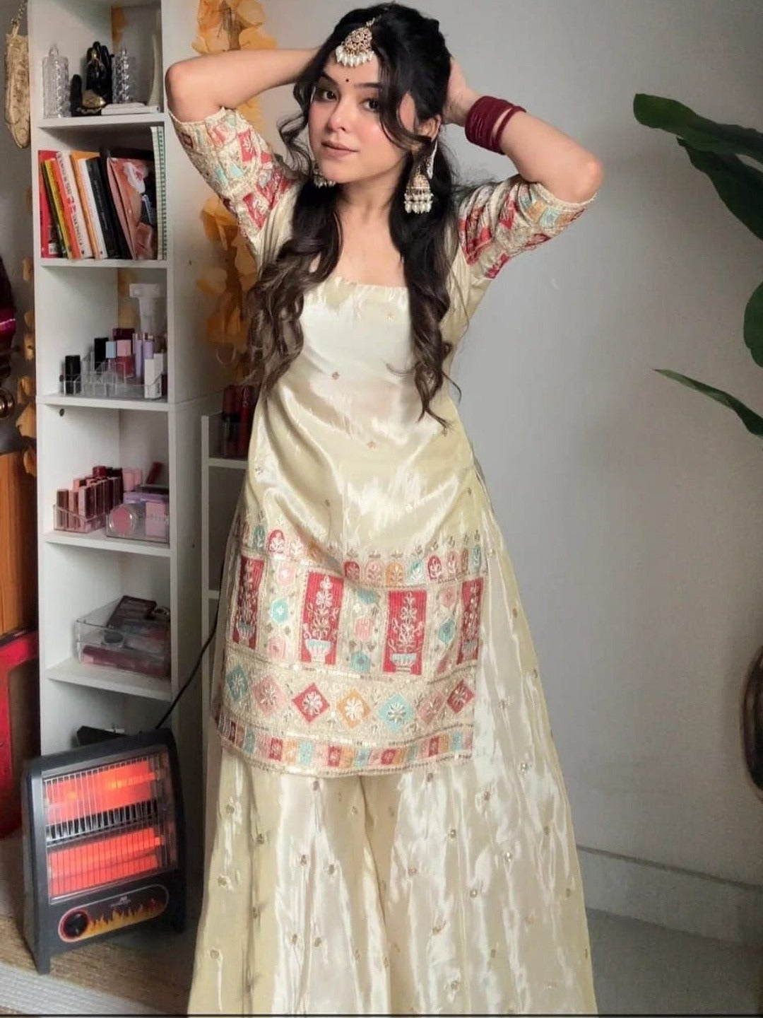 Cream Chinon Silk Kurta With Palazzo Set With Heavy Thread Embroidery Work