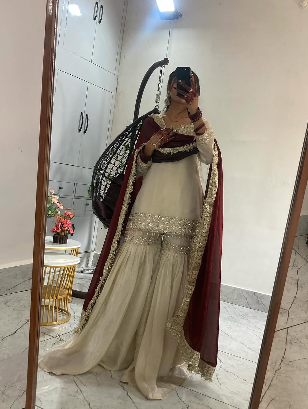 Cream Chinon Silk Kurta With Sharara Set With Heavy Thread Embroidery Work