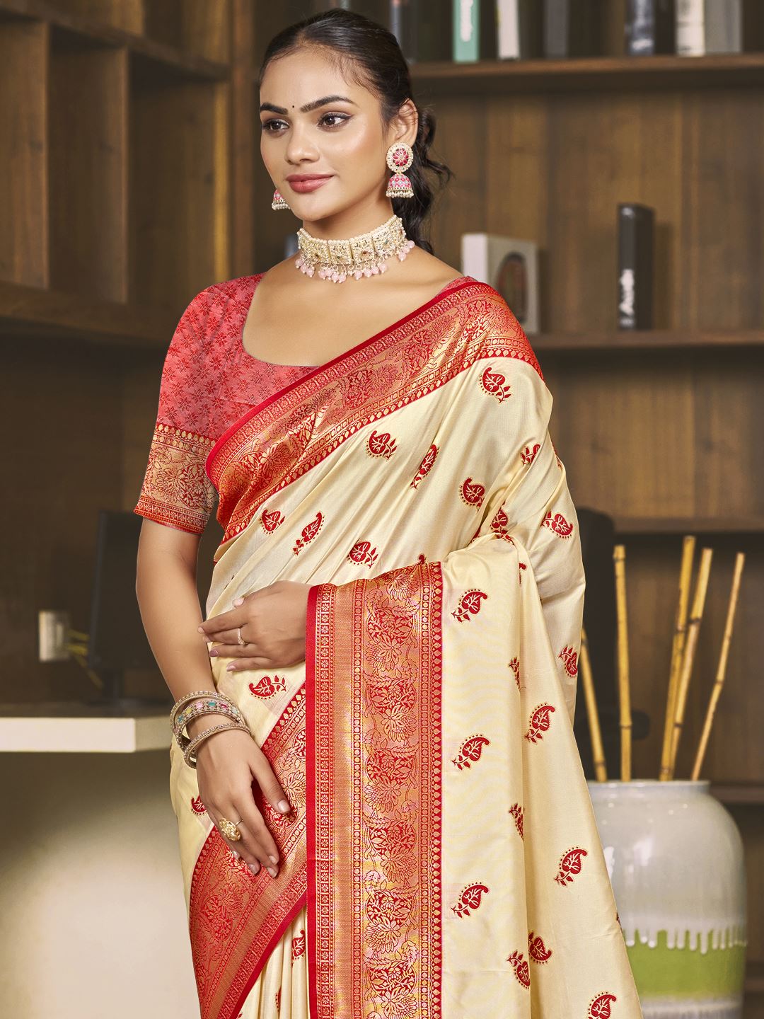 Cream Color Jacquard Silk Saree