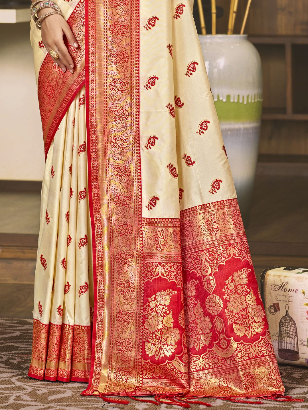Cream Color Jacquard Silk Saree