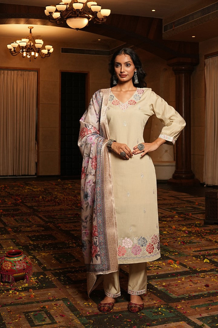 Cream Cotton Silk Designer Suit Set With Intricate Embroidery