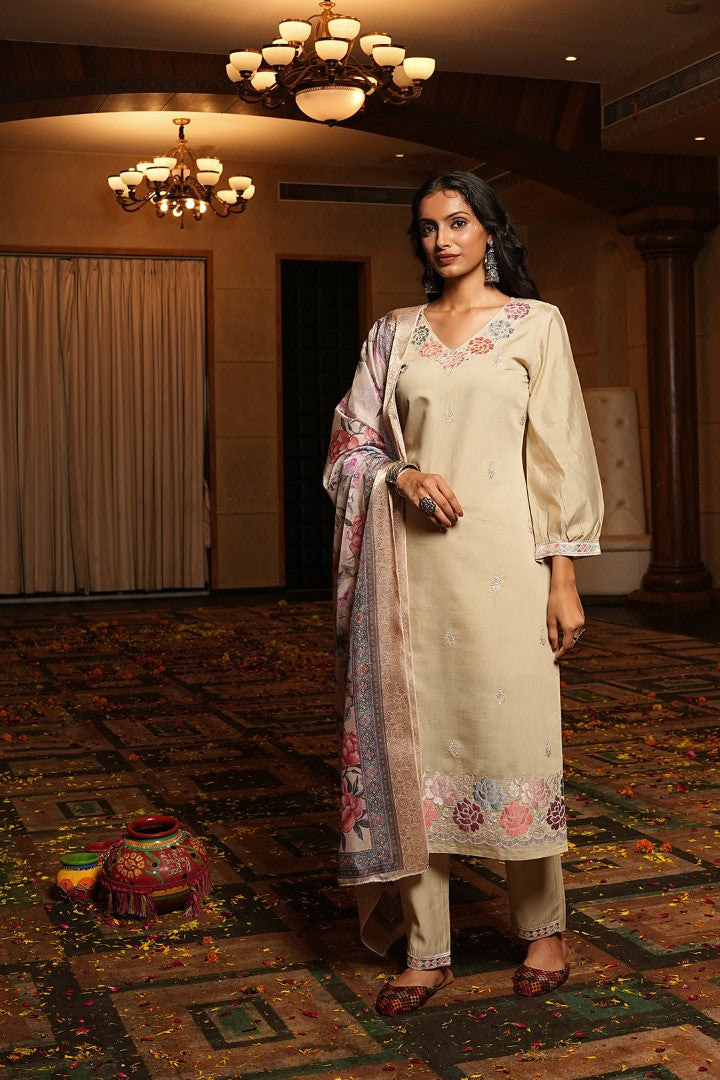 Cream Cotton Silk Designer Suit Set With Intricate Embroidery