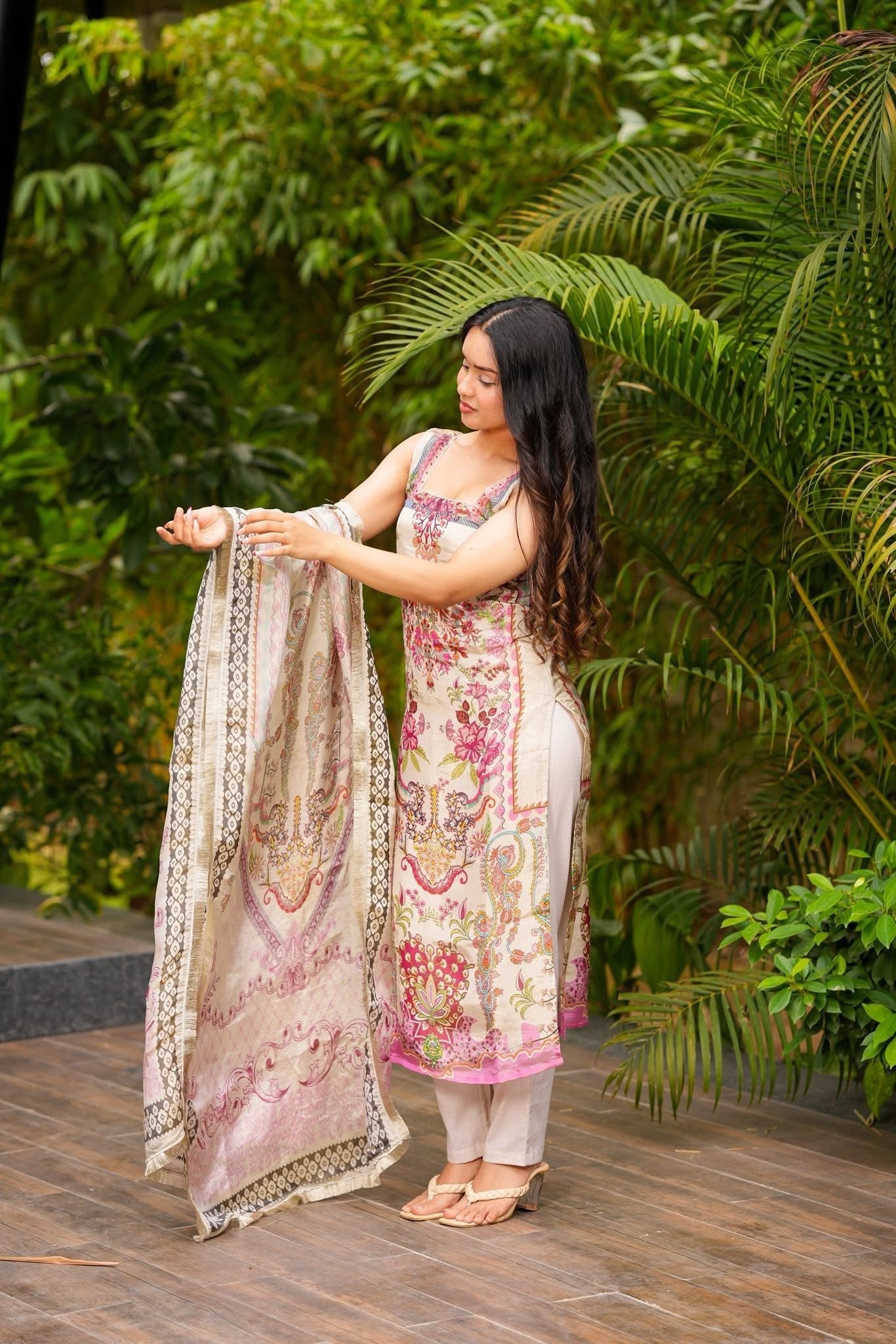 Cream French Crepe Kurta Pant Set  Printed
