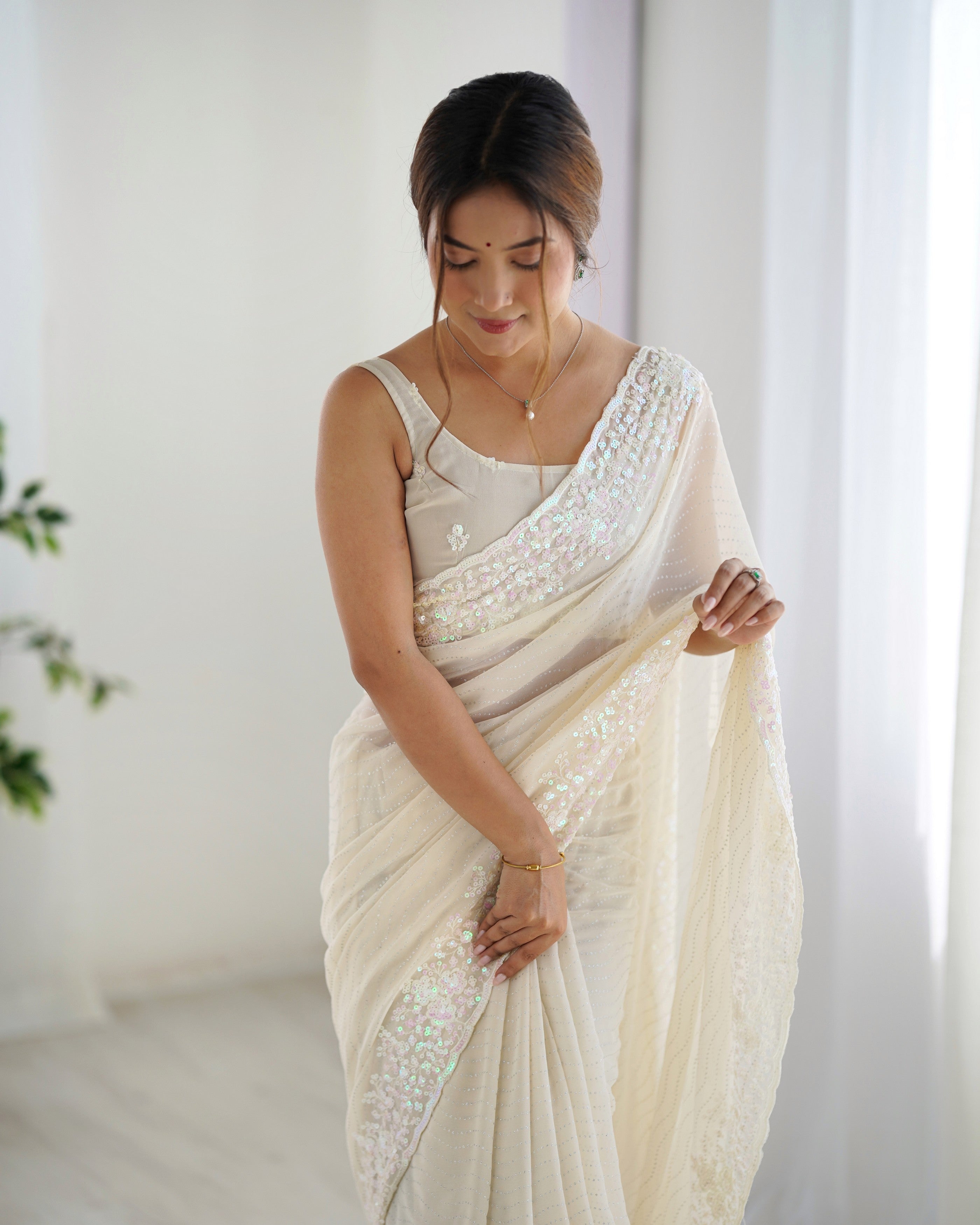 Cream Georgette Beautiful Partywear Embroidered Saree