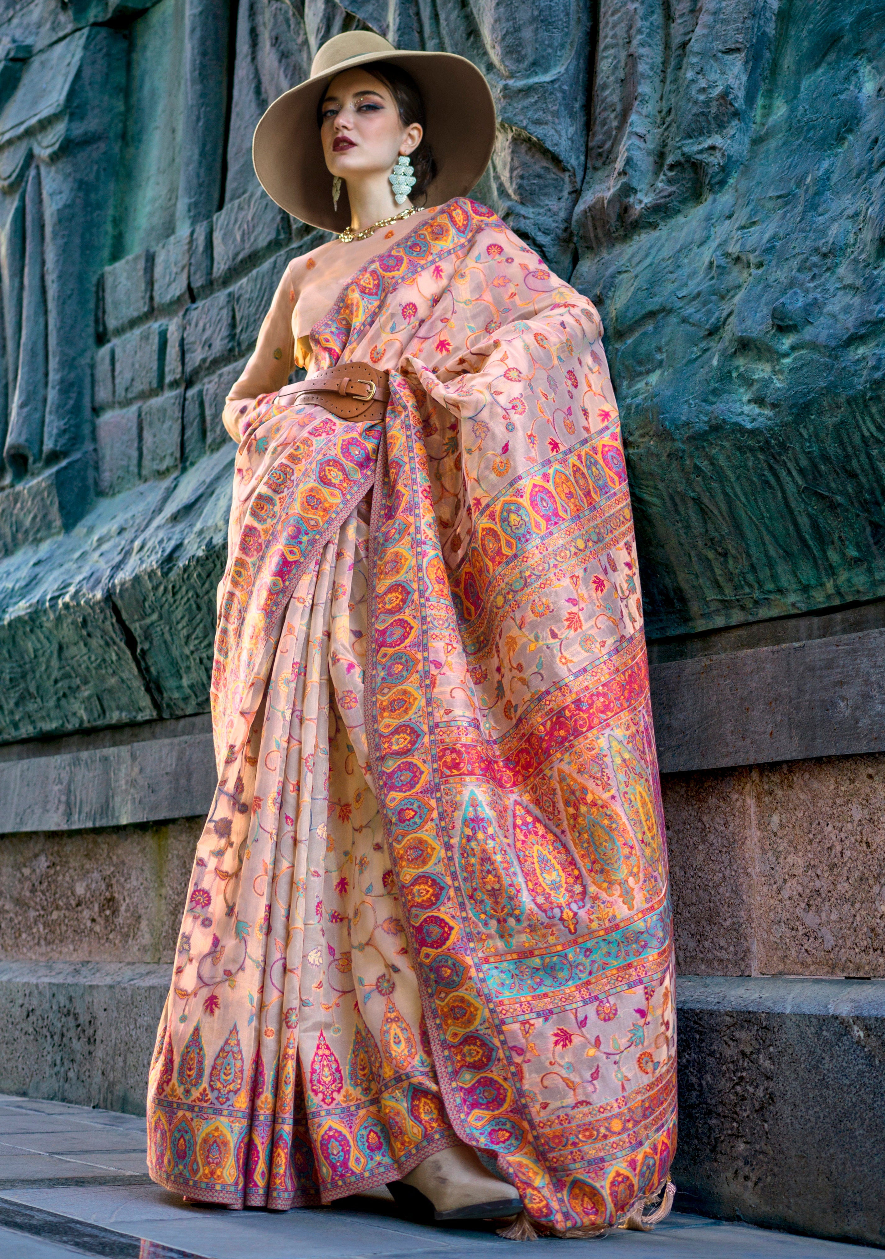 Cream Handloom Organza Saree With  Handloom Kashmiri Jacquard Woven Work