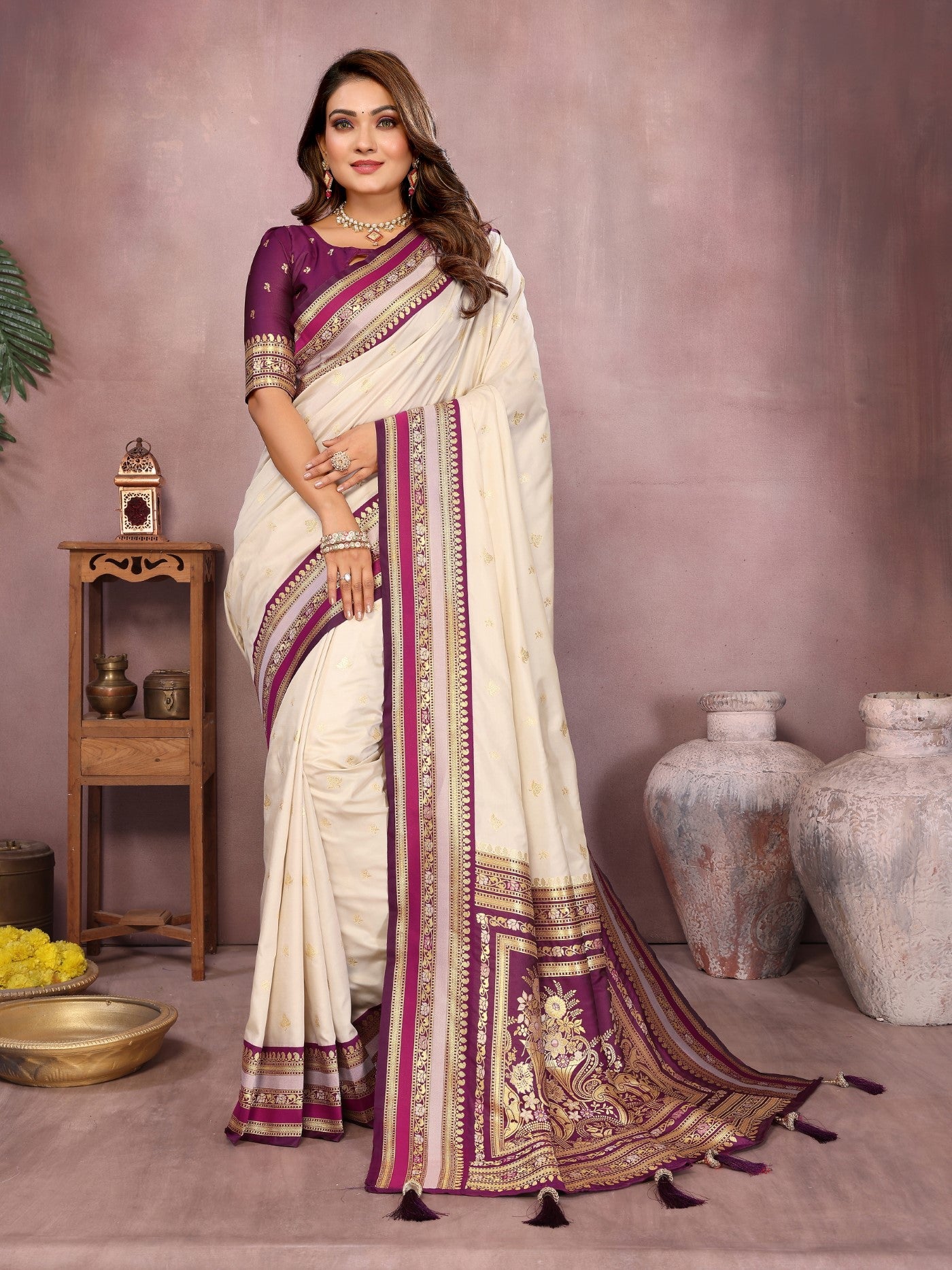 Cream Kalamkari Silk Saree With Traditional Weaving