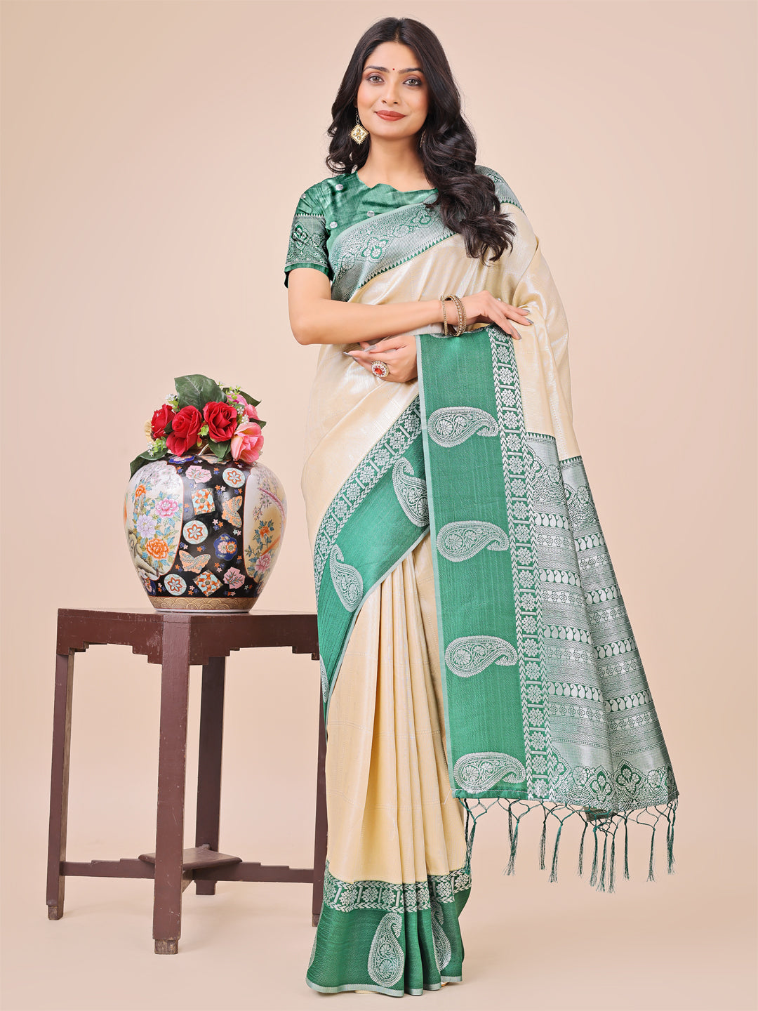 Cream Lichi Silk Woven Designer Festive Graceful Saree