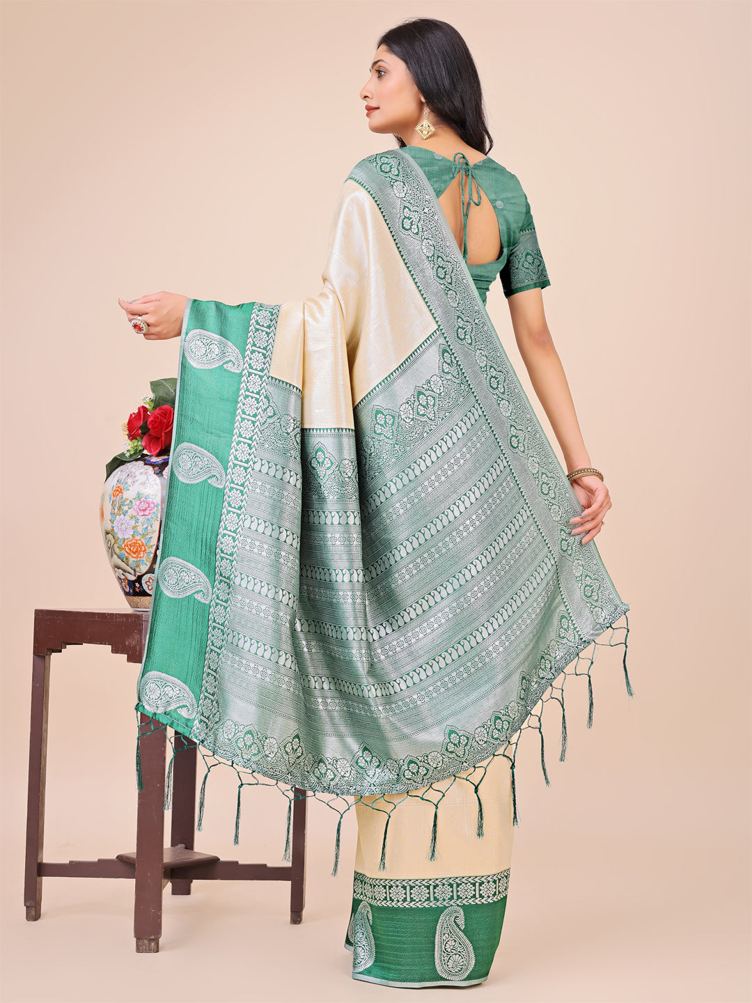 Cream Lichi Silk Woven Designer Festive Graceful Saree
