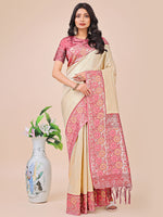 Cream Lichi Silk Woven Designer Partywear Saree