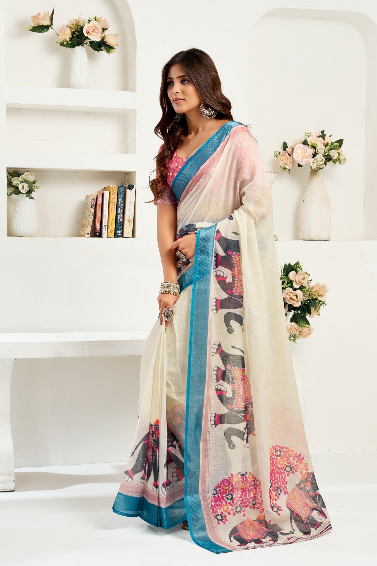 Cream Linen Ready To Wear Saree With Zari Border Printed