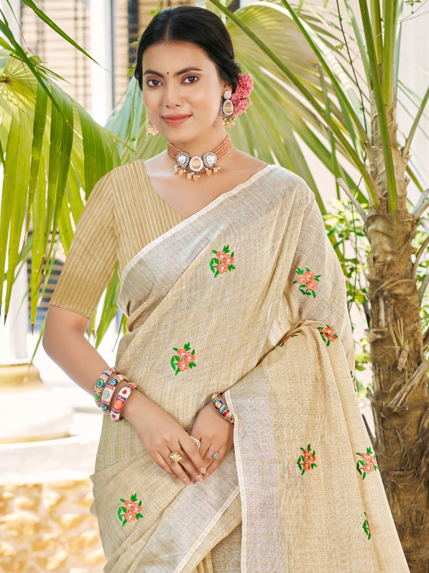Cream Linen Saree With Sophisticated Touch and Subtle Elegance