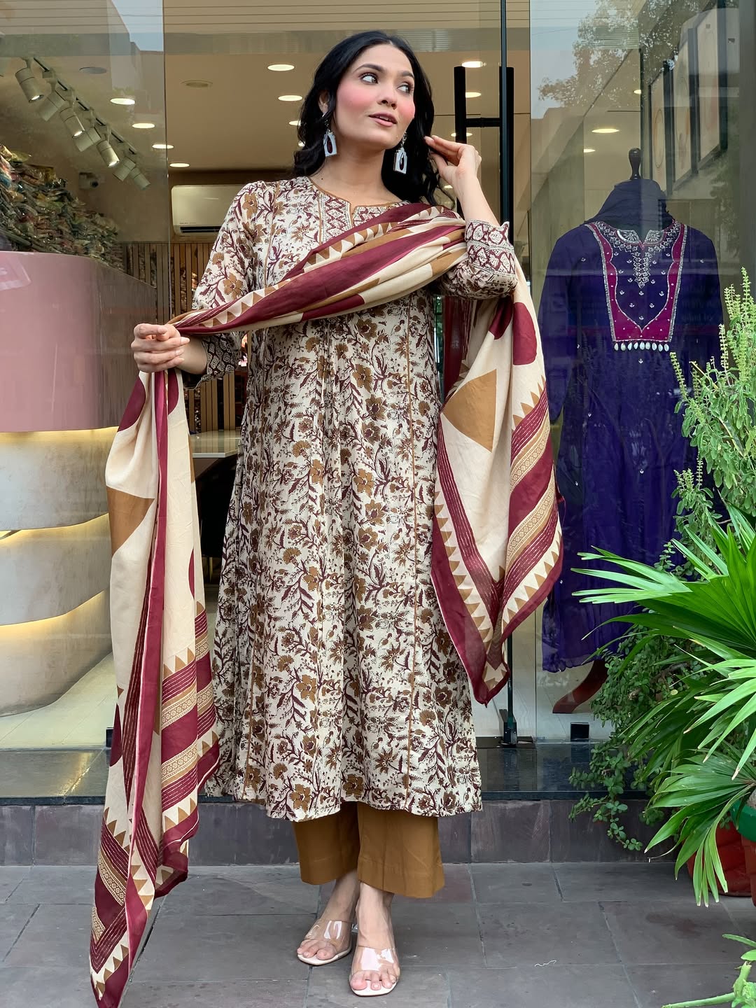Cream Magic Cotton Kurta Pant Set  Printed