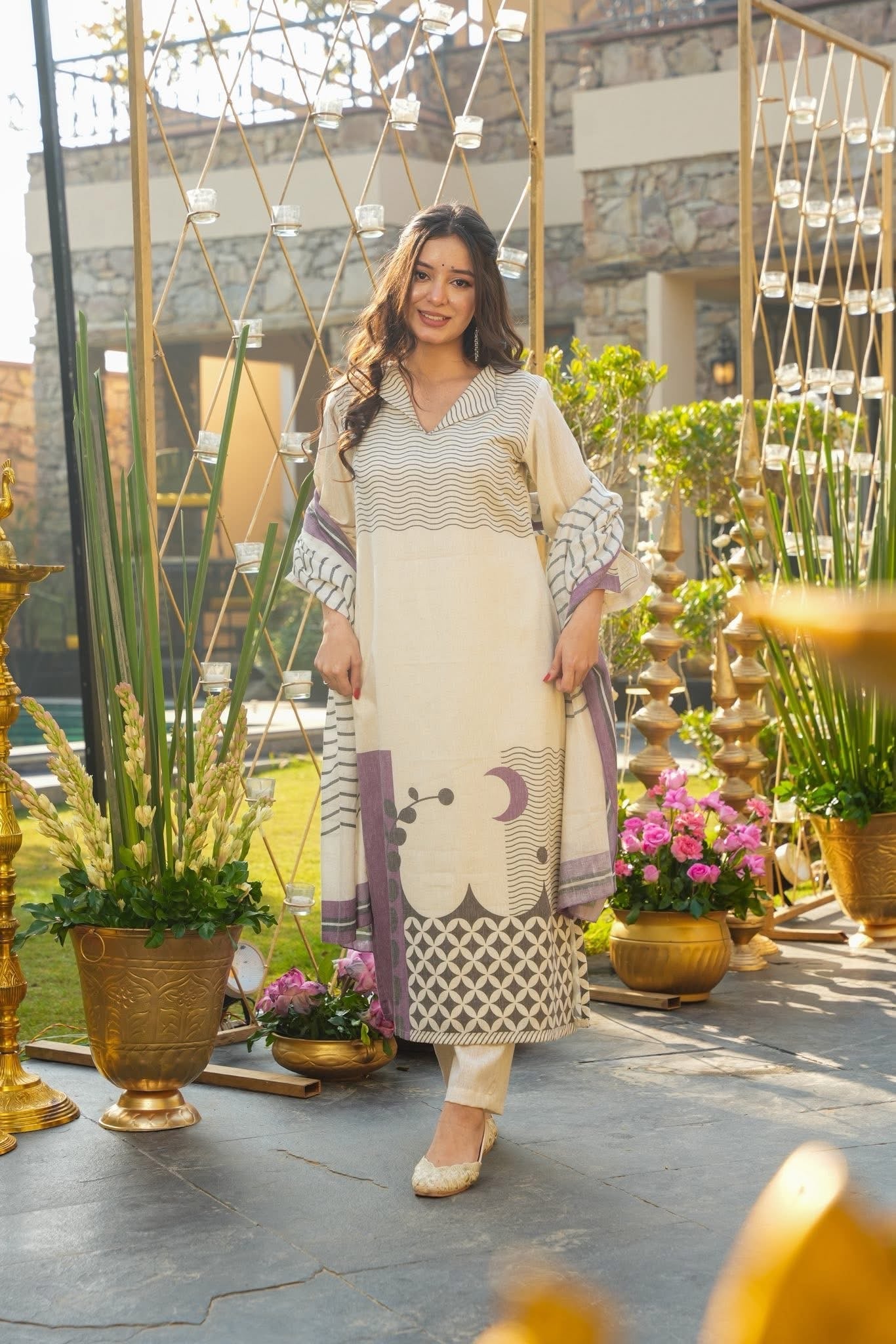Cream Muslin Kurta Pant Set  Printed