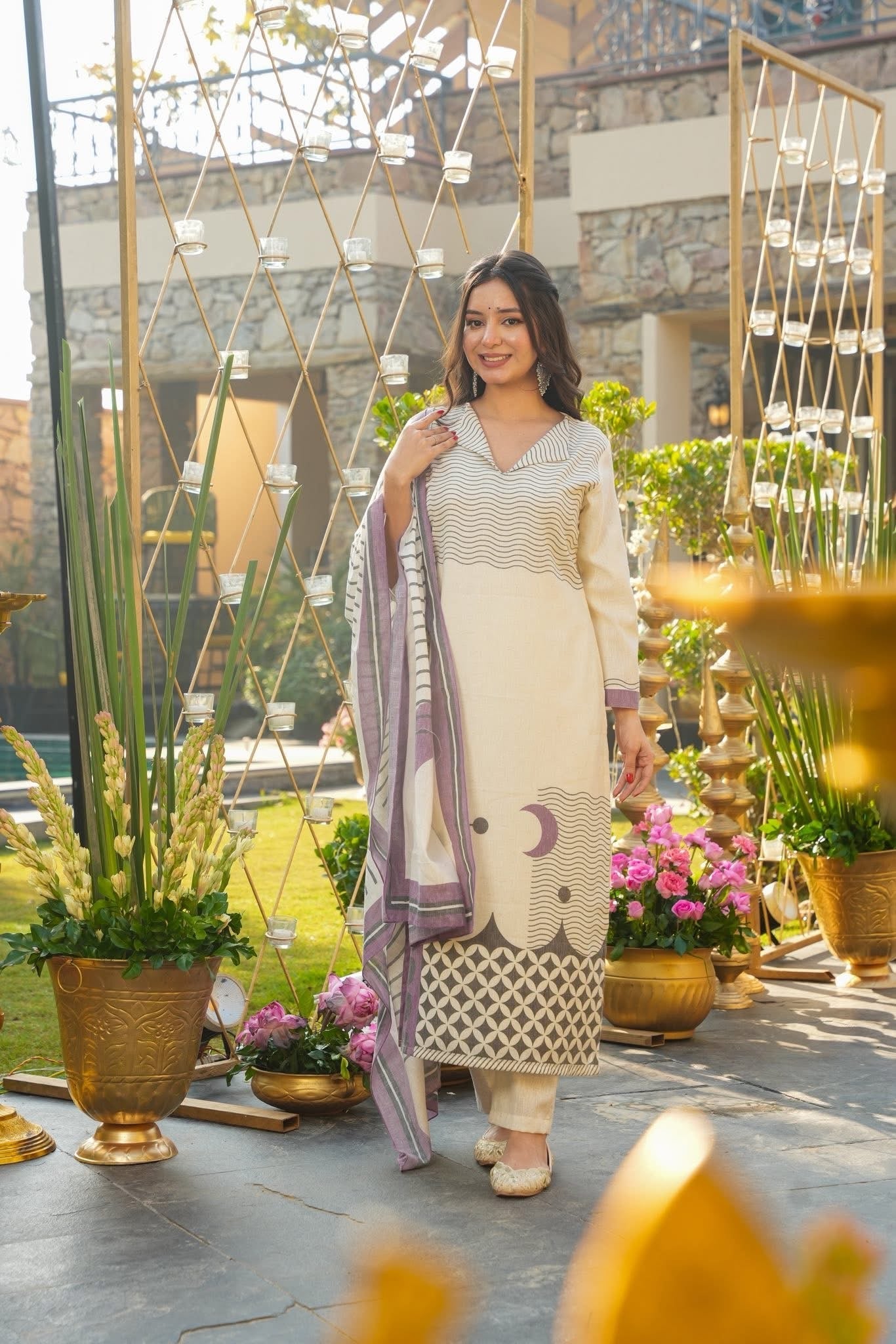 Cream Muslin Kurta Pant Set  Printed
