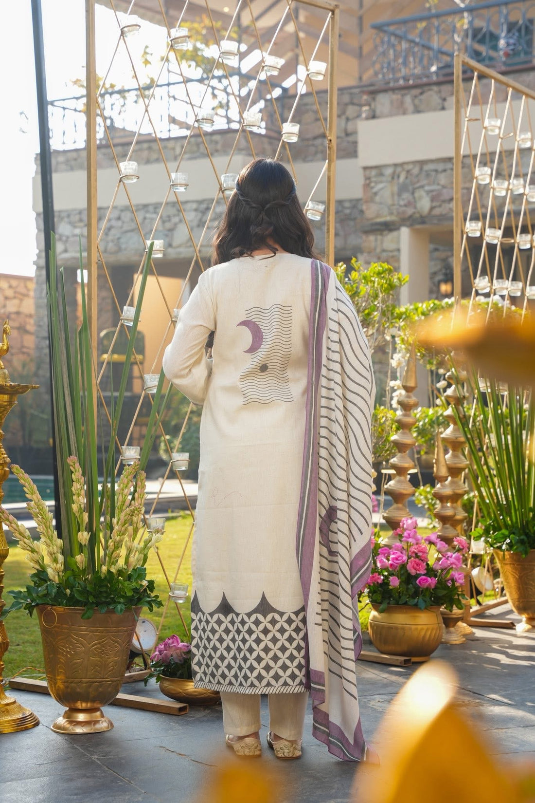 Cream Muslin Kurta Pant Set  Printed