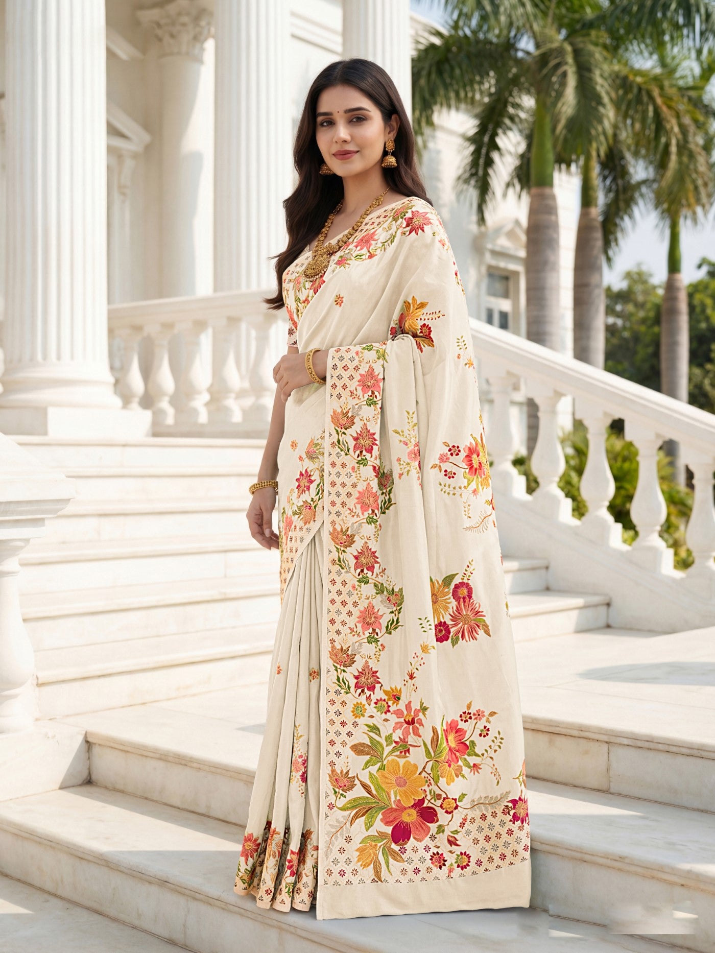 Cream Premium Russian Silk Saree With Designer Floral Position Print