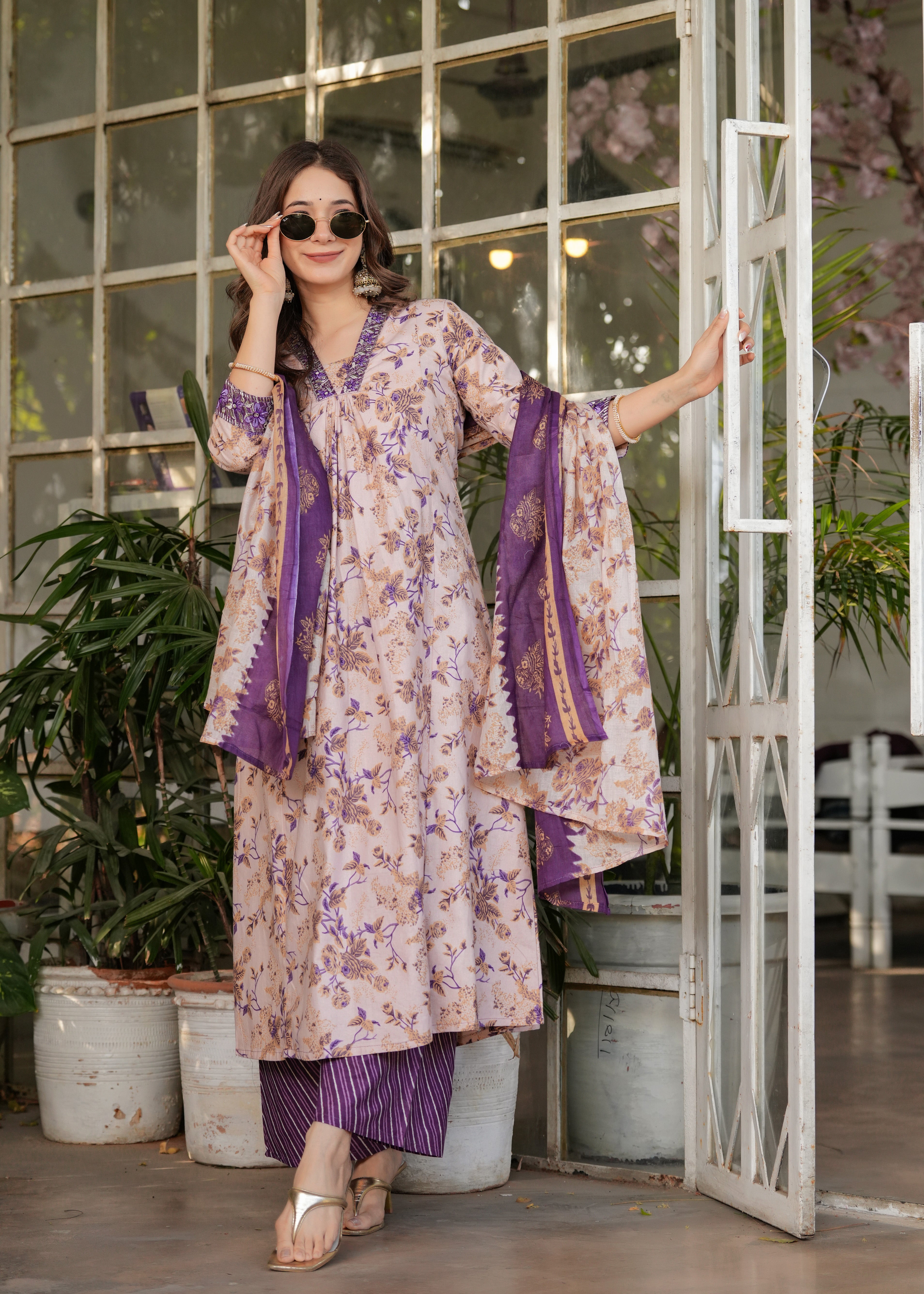 Cream Pure Cotton Elegant Kurta Pant Set With Embroidery Work