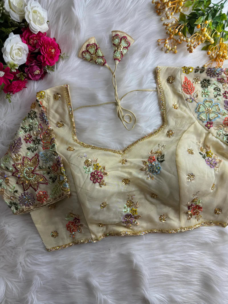 Cream Pure Silk Designer Blouse with Handwork & Sequins Sleeves for Women