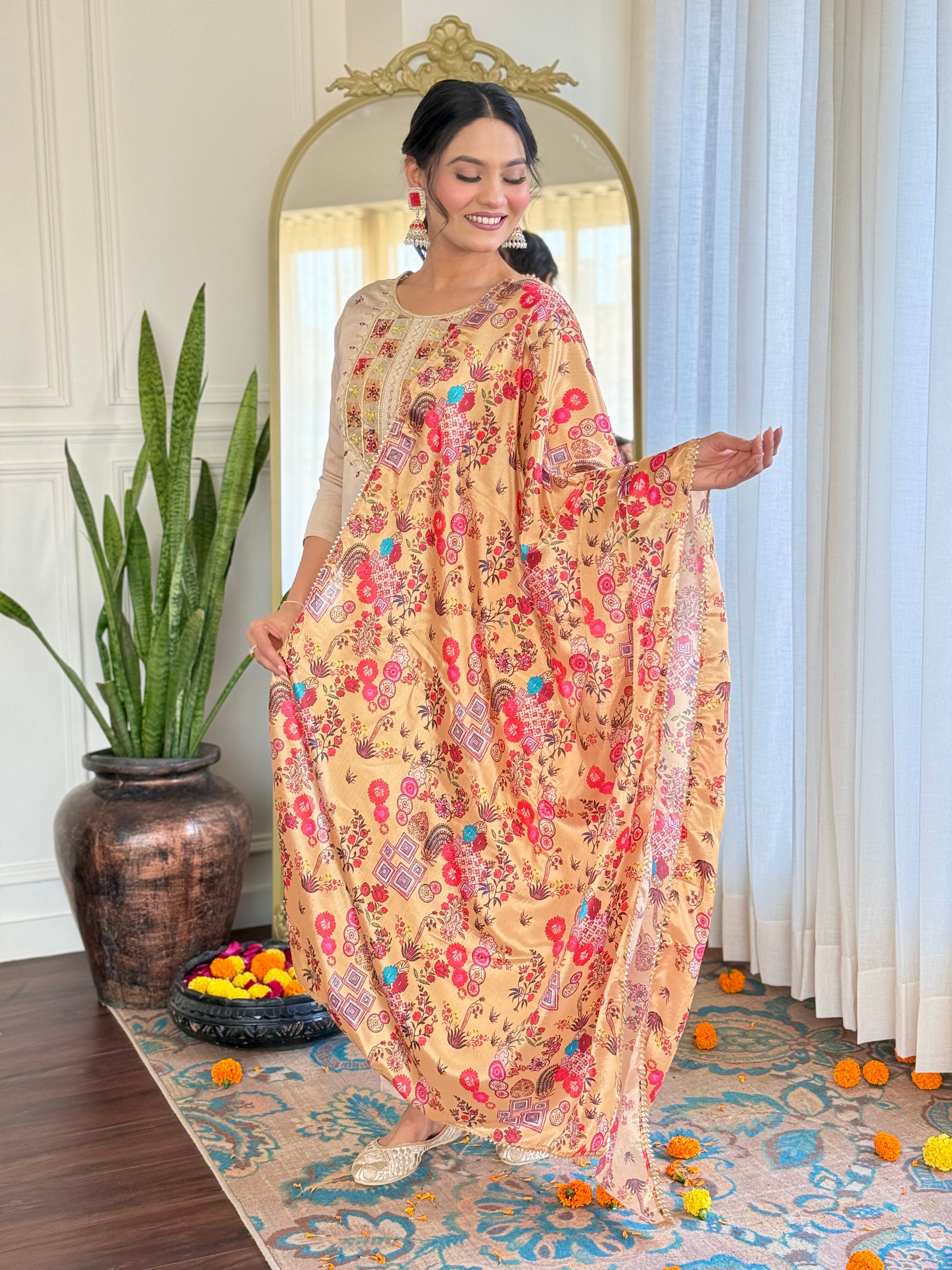 Cream Rayon Elegant Kurta Pant Set With Embroidery Work