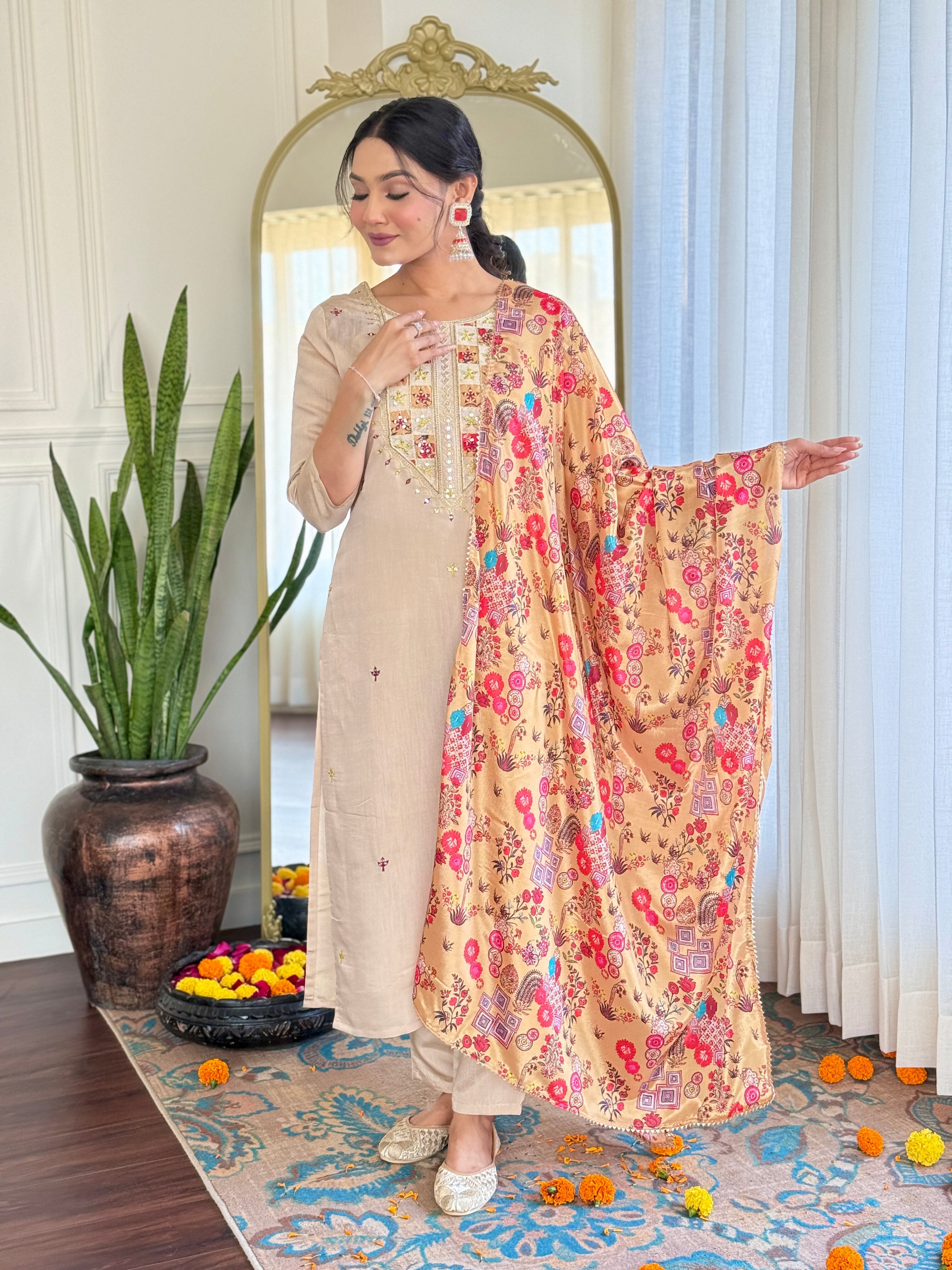 Cream Rayon Elegant Kurta Pant Set With Embroidery Work