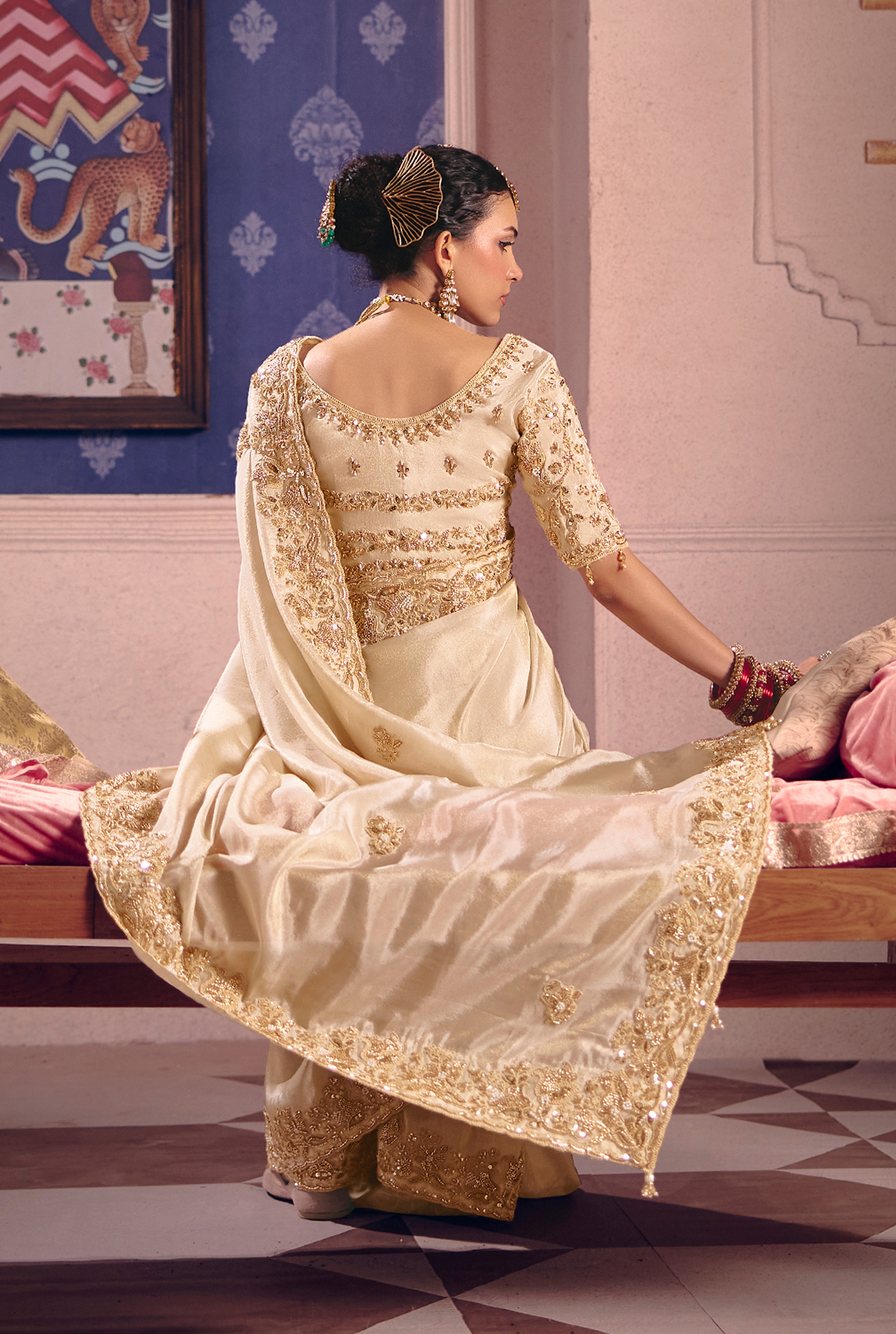 Cream Saree With  Heavy Embroidery, Beads With Sequince Work