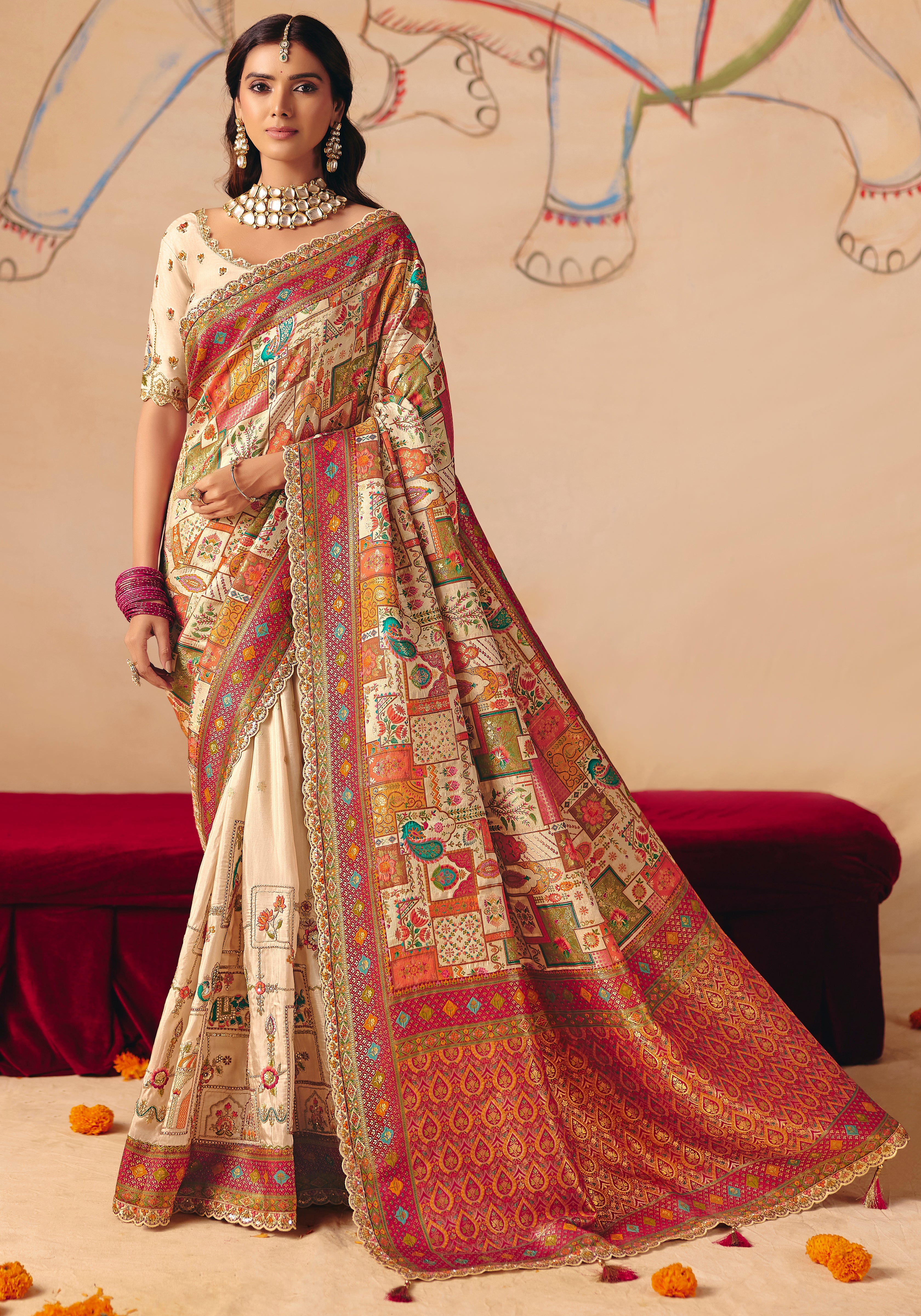 Cream Saree With  Heavy Embroidery, Sequin, Thread, and Stone Work On Patli & Cutwork Lace With Heavy Work Blouse