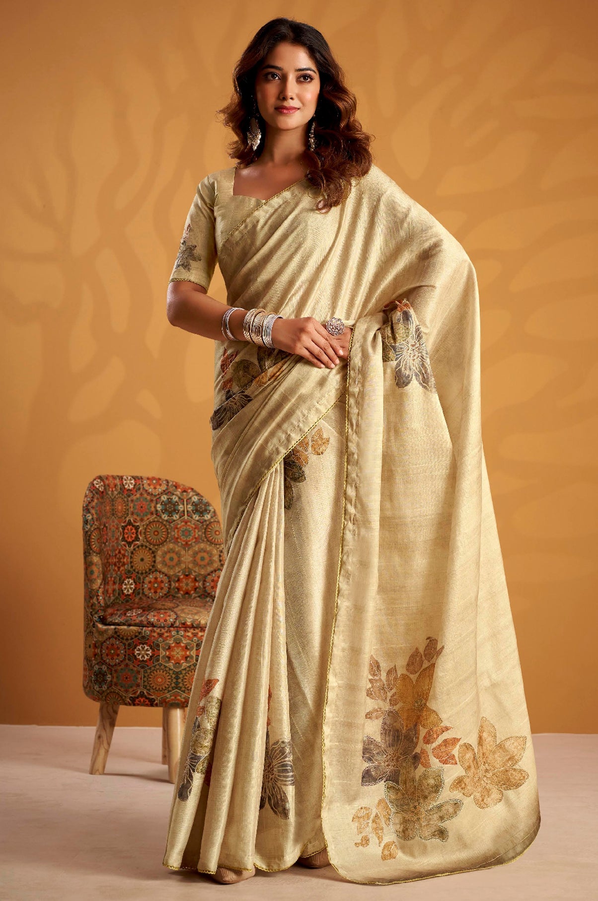 Cream Saree With  Printed With Kasheeda work