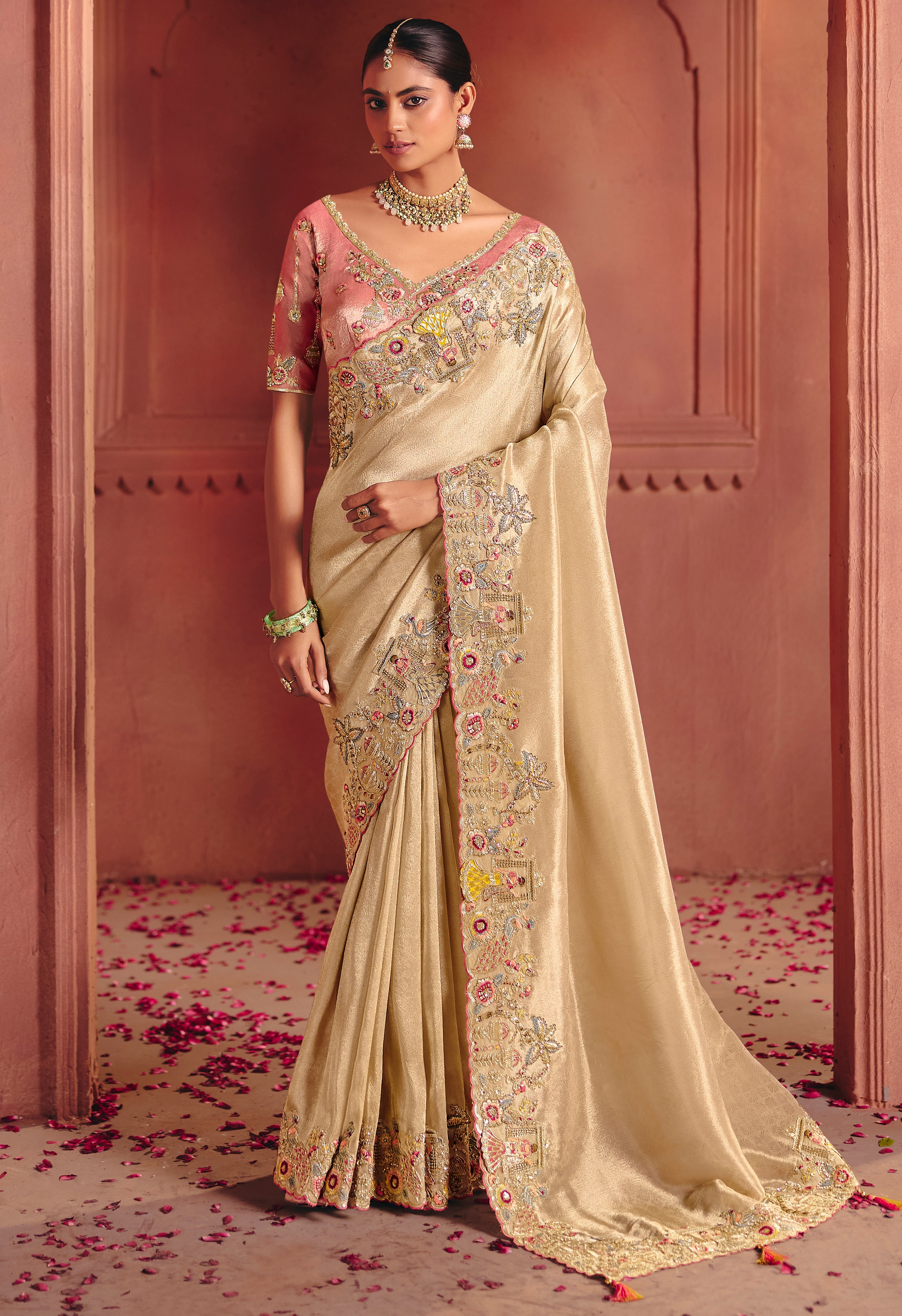 Cream Saree With  Sequin, Thread, Weaving Heavy Embroidery Work  With Heavy Embroidery Work Blouse