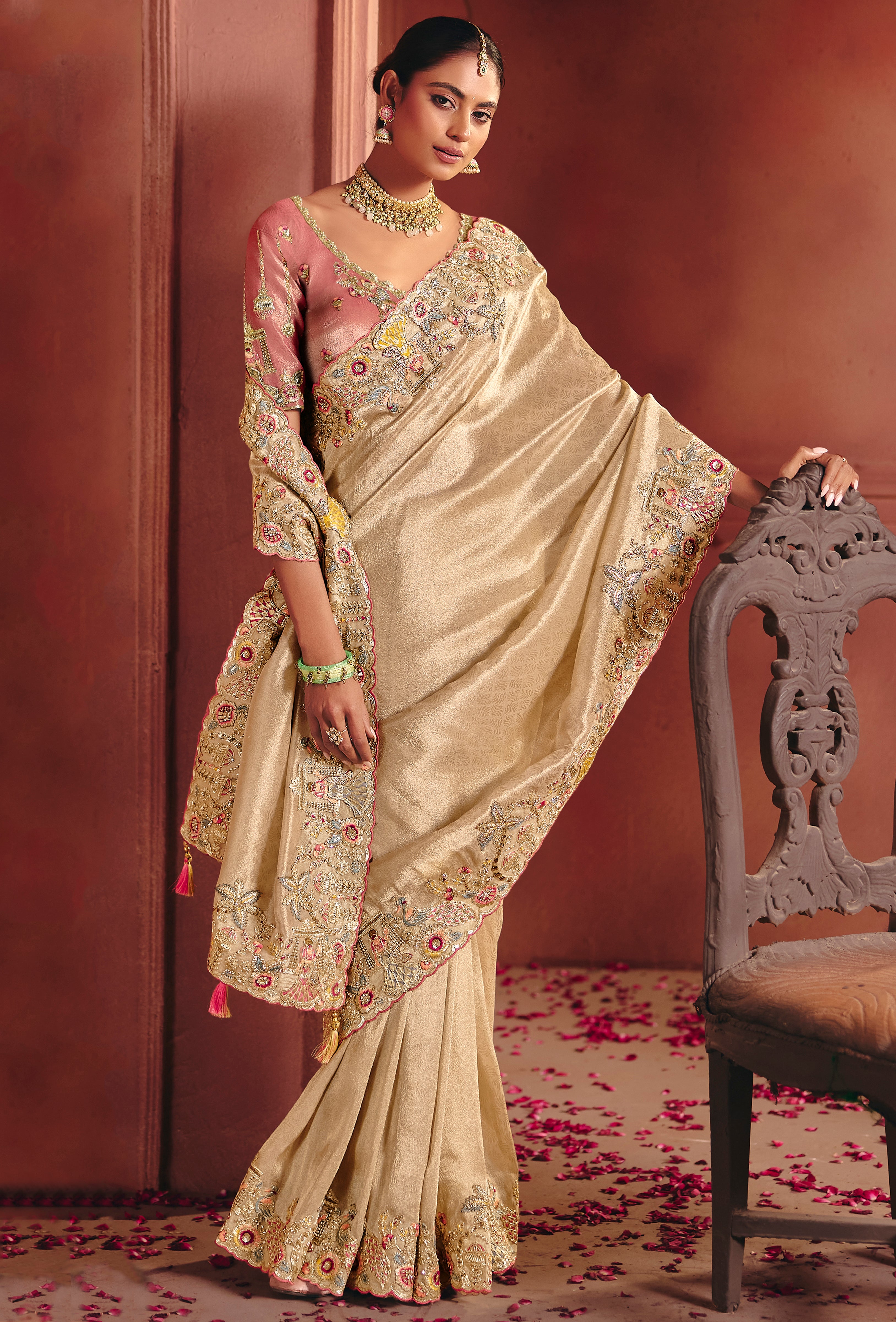 Cream Saree With  Sequin, Thread, Weaving Heavy Embroidery Work  With Heavy Embroidery Work Blouse