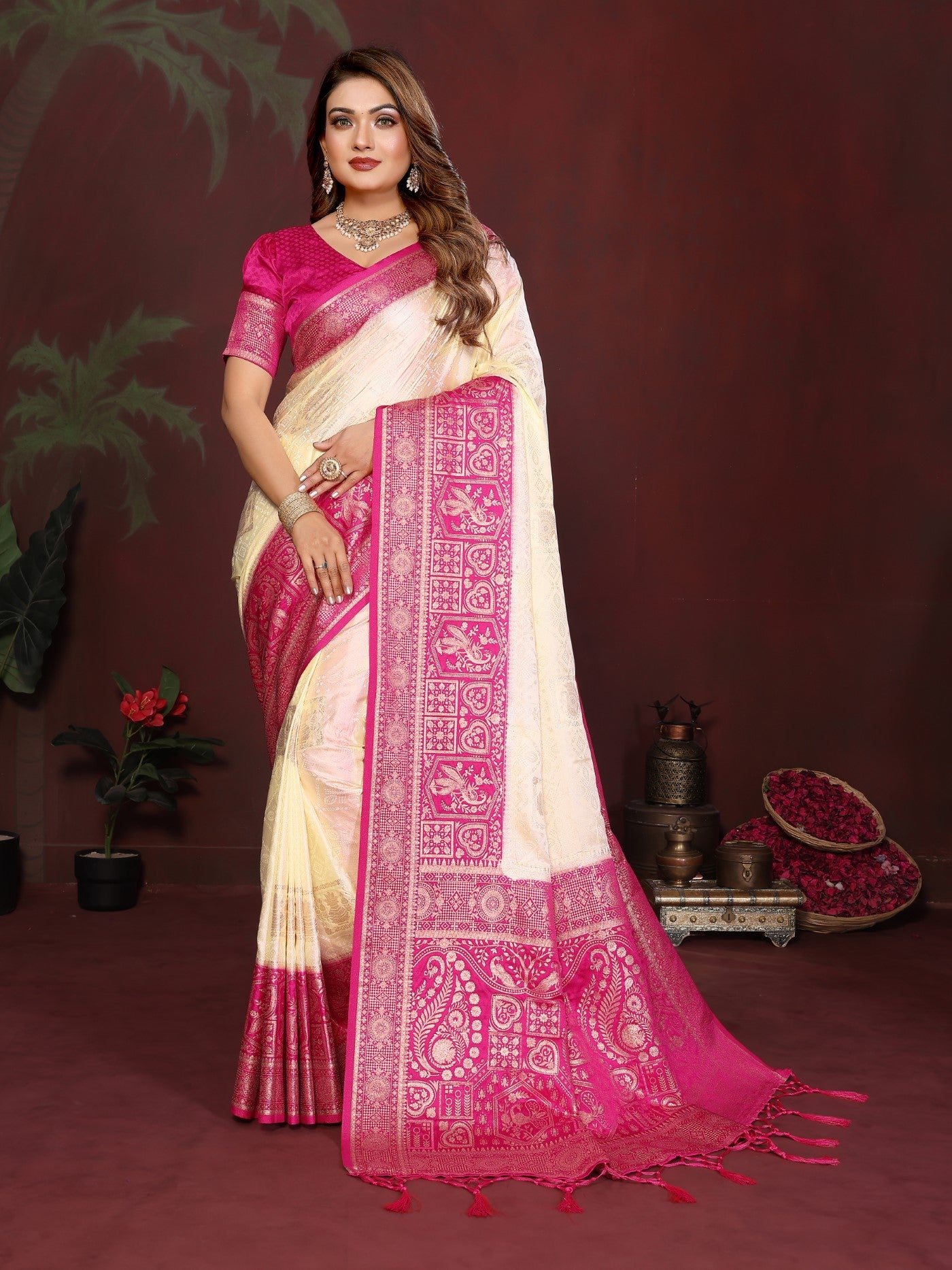 Cream Satin Silk Saree With Designer Zari Butta Designs