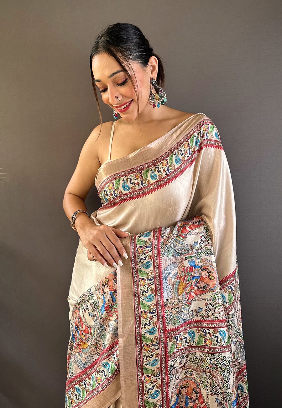 Cream Silk Blend Madhubani Printed Saree