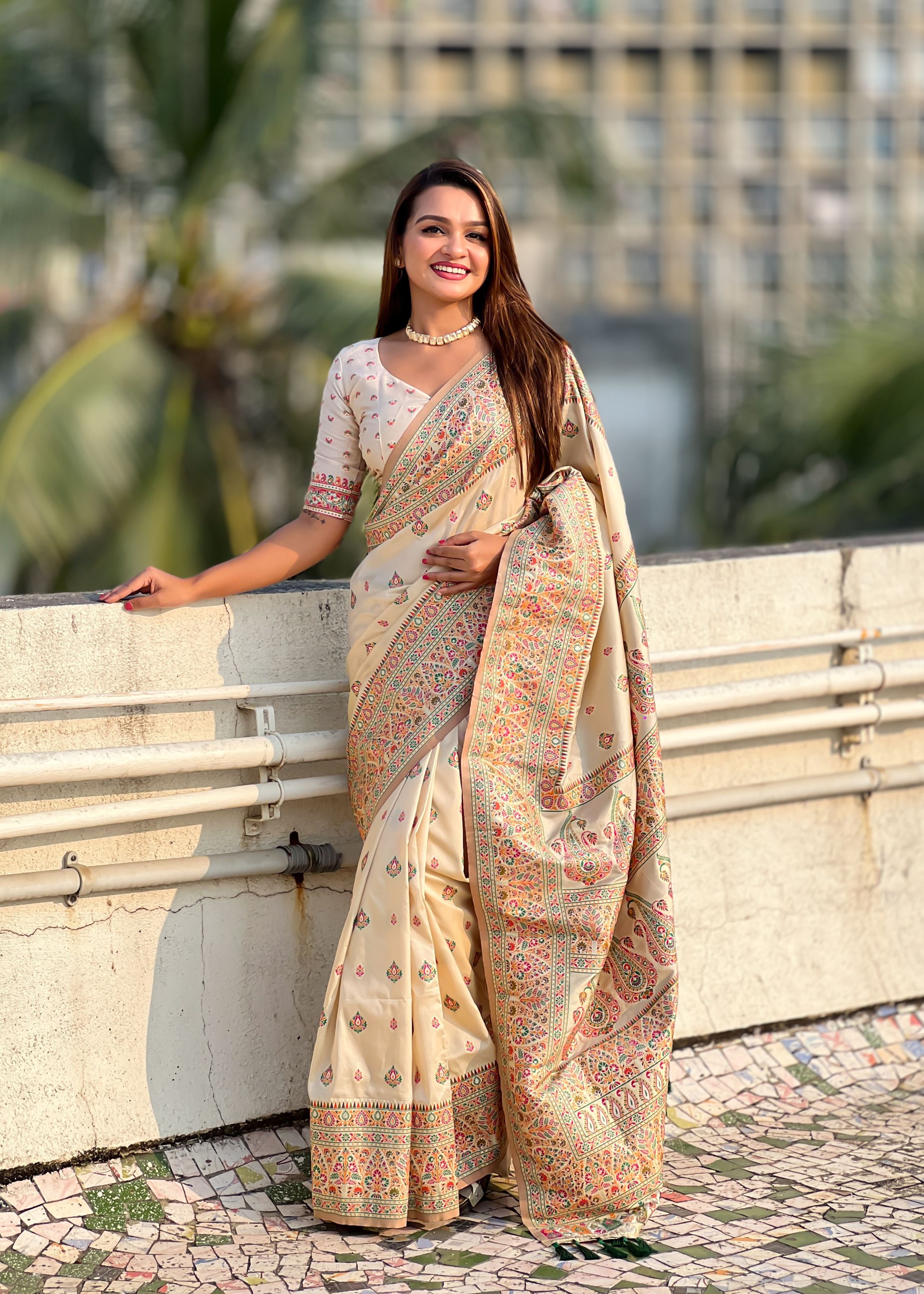 Cream Silk Blend Saree With Meenakari Kashmiri woven Work