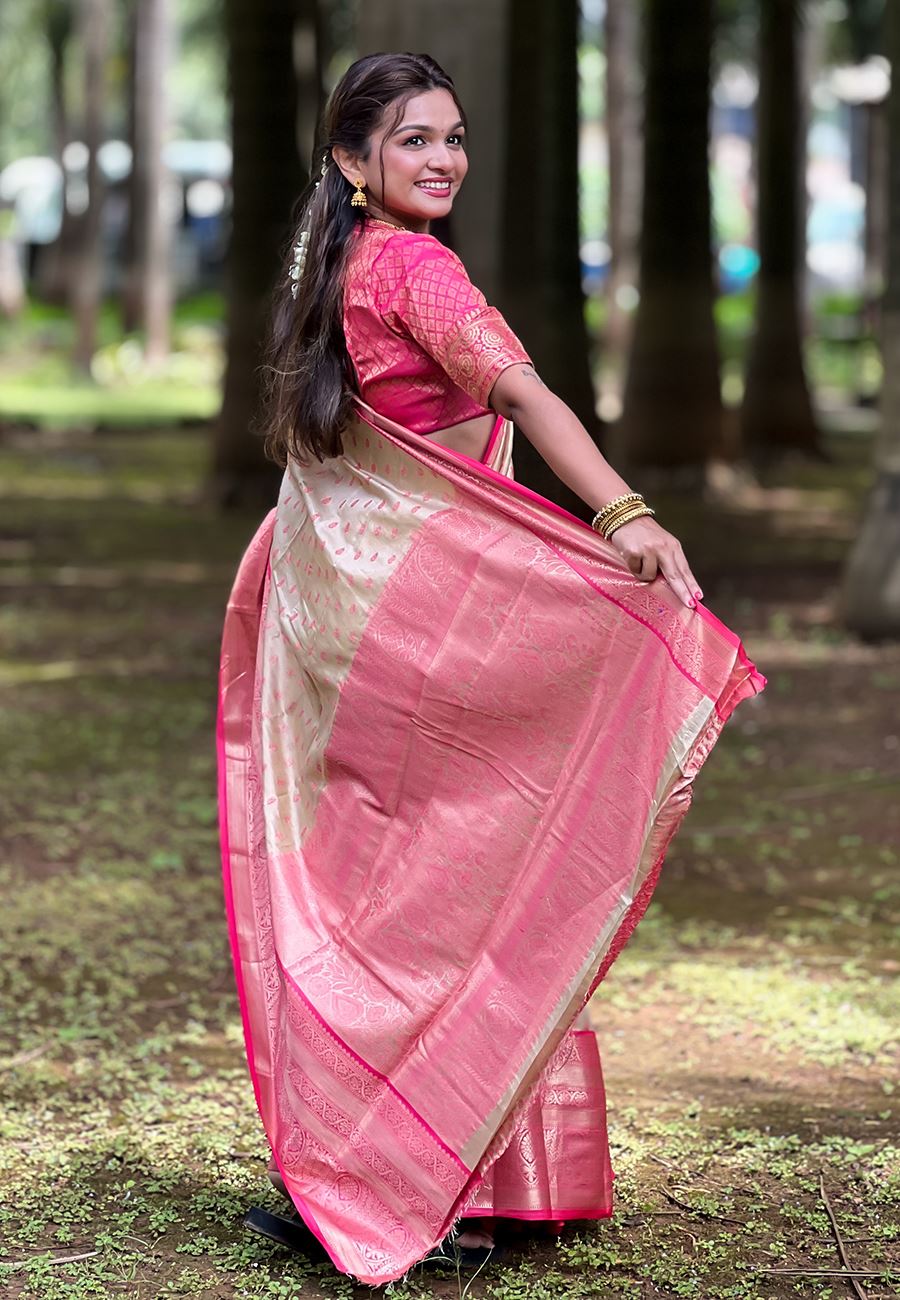 Cream Silk Blend  South Indian Kanchipuram Saree