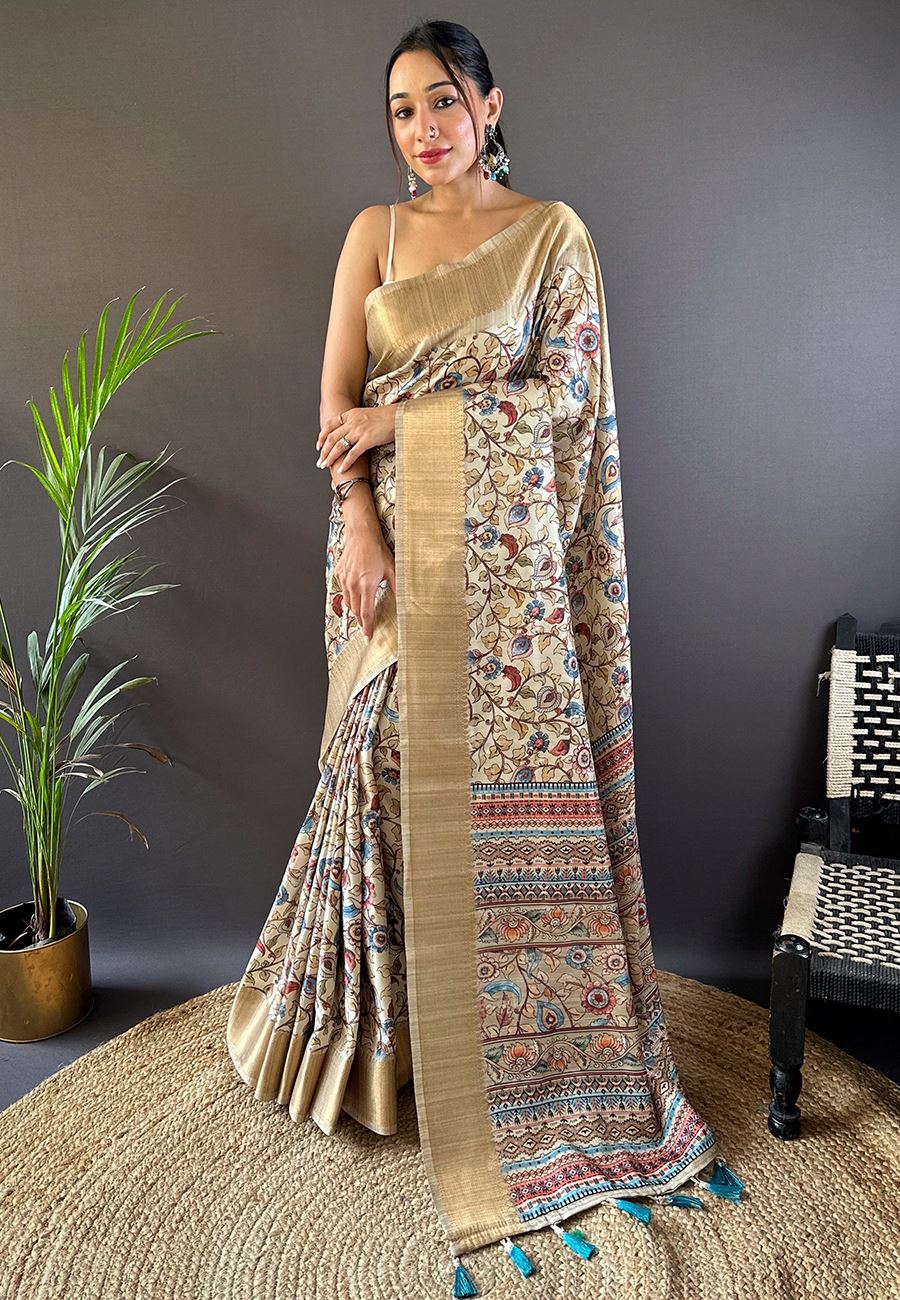Cream Silk Cotton Kalamkari Printed Saree