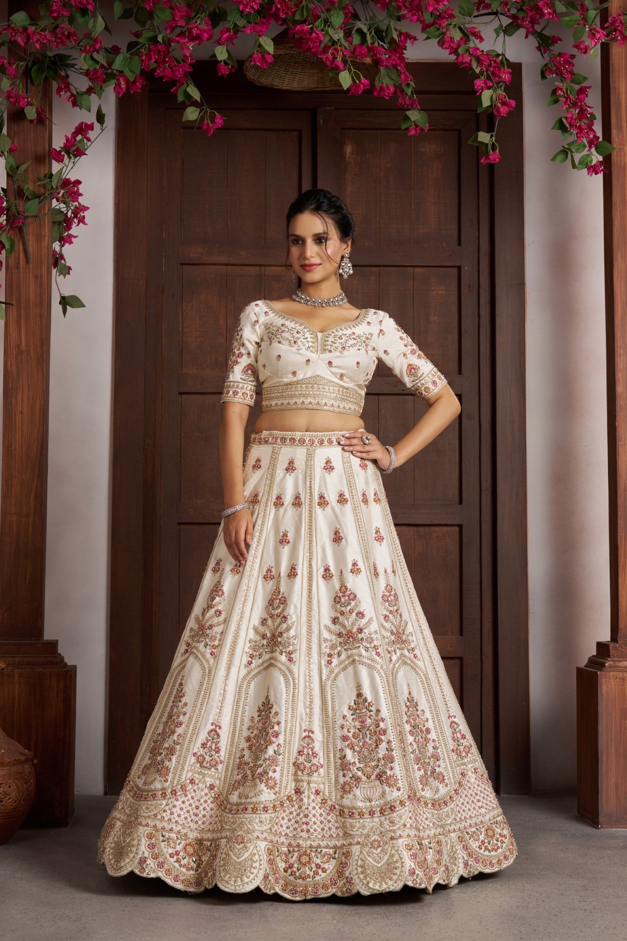 Cream Silk Double Dupatta Bridal Lehenga Choli with Multicolor Embroidery