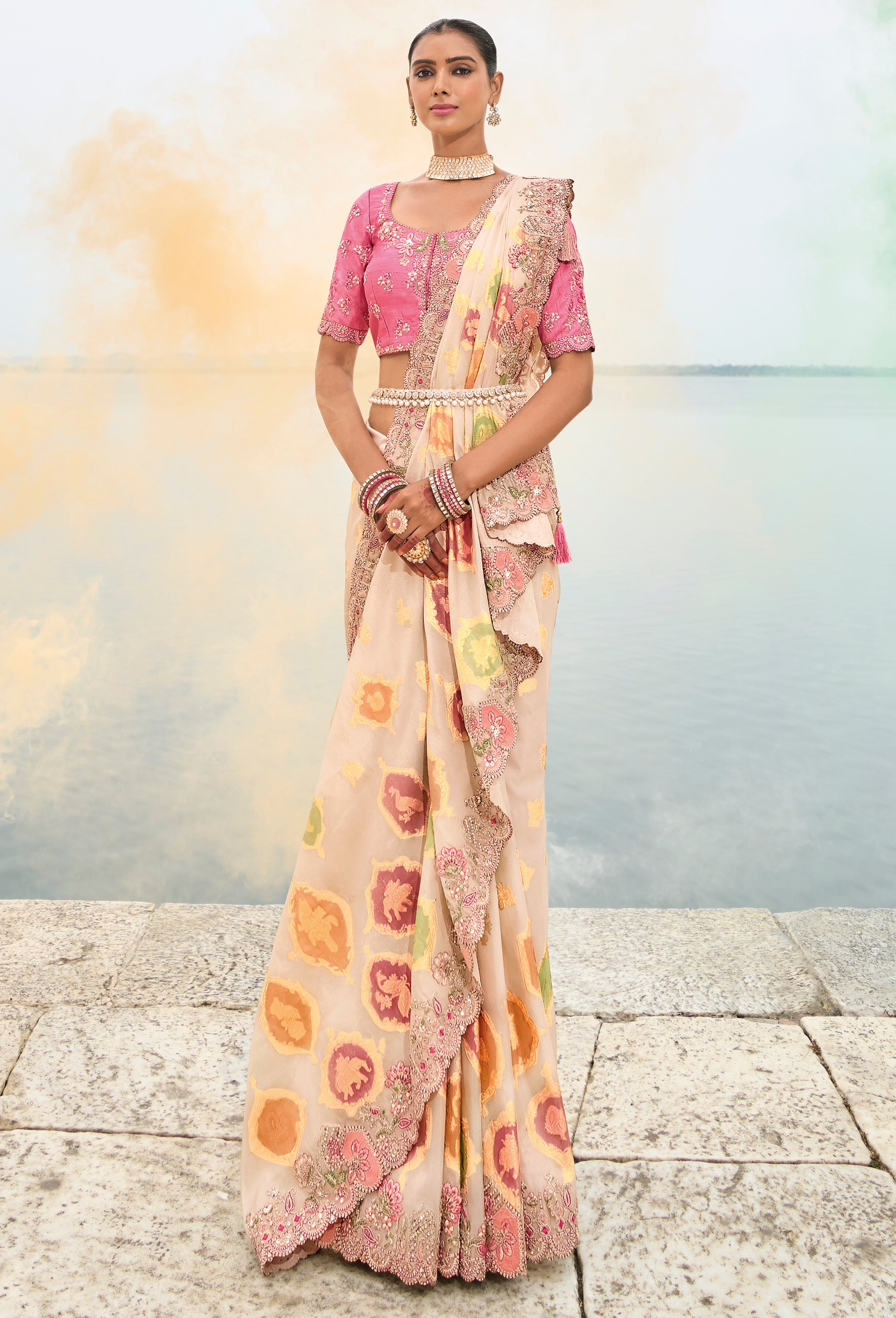 Cream Silk Saree With  Embroidery Work