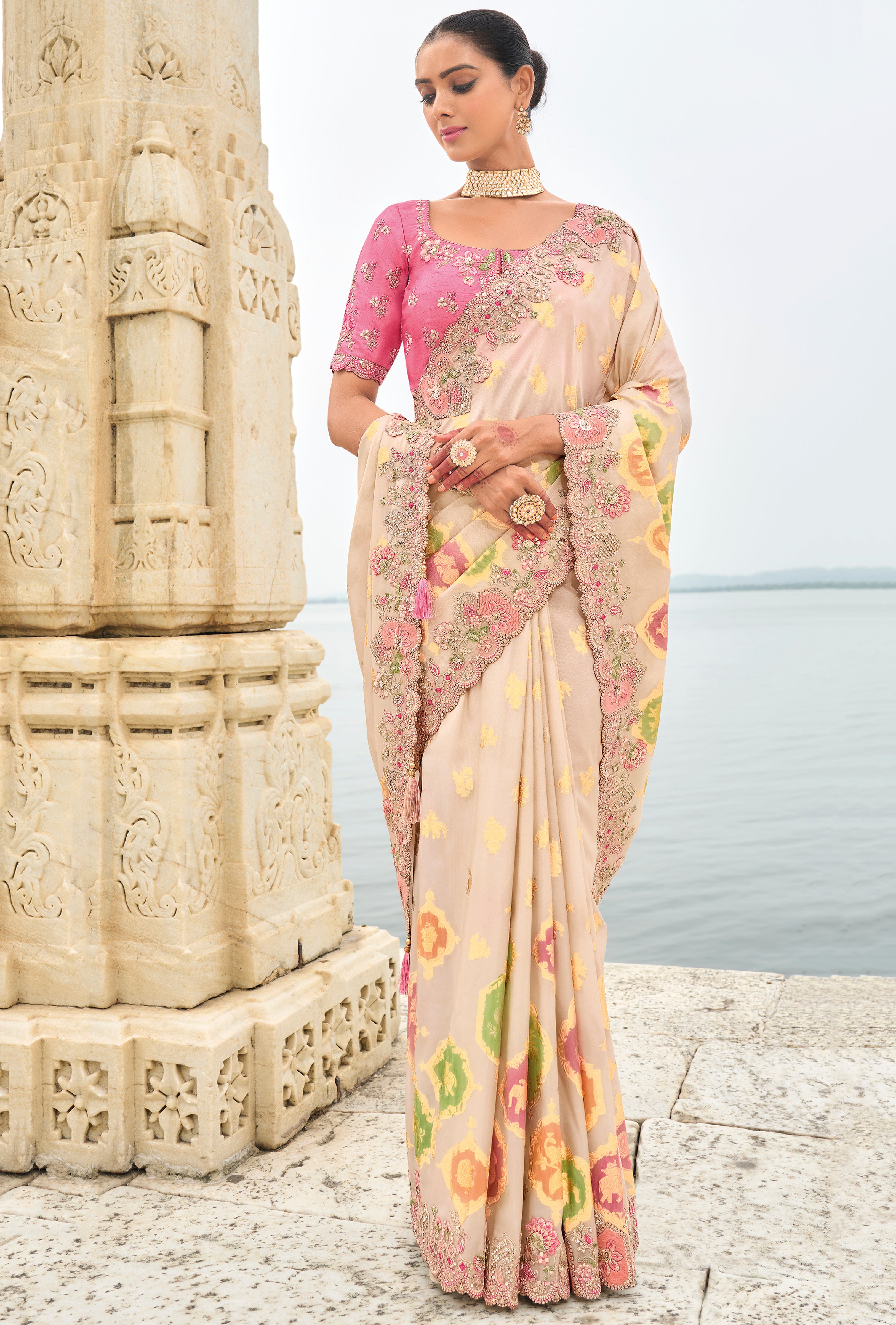 Cream Silk Saree With  Embroidery Work