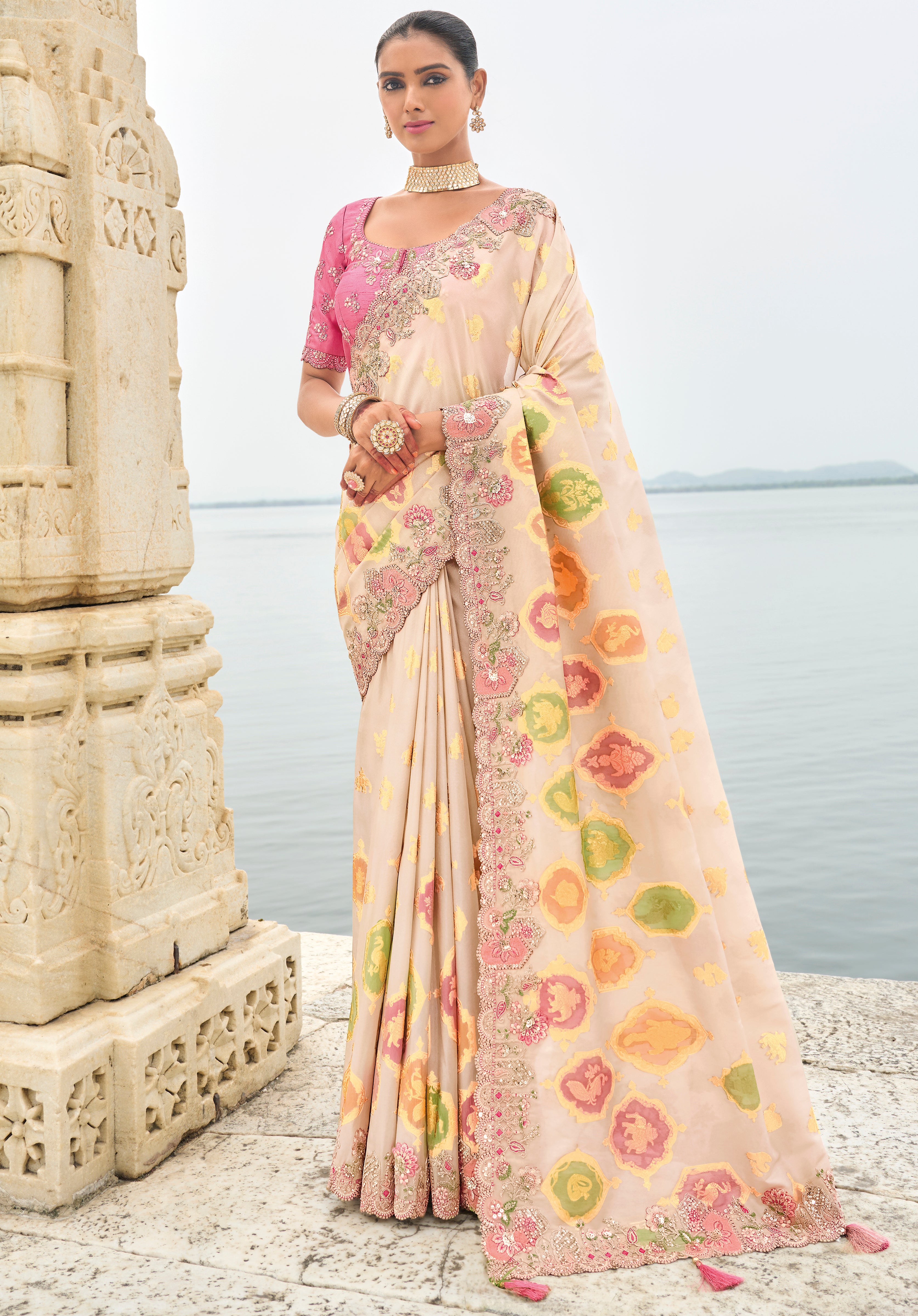 Cream Silk Saree With  Embroidery Work