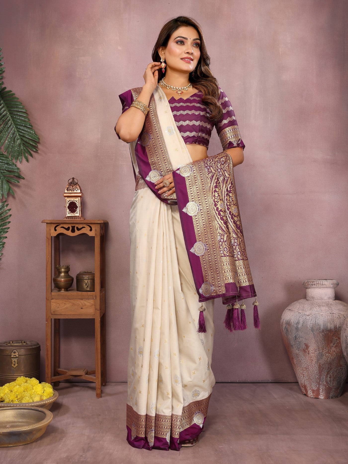 Cream Silk Sarees Saree With Traditional Weaving
