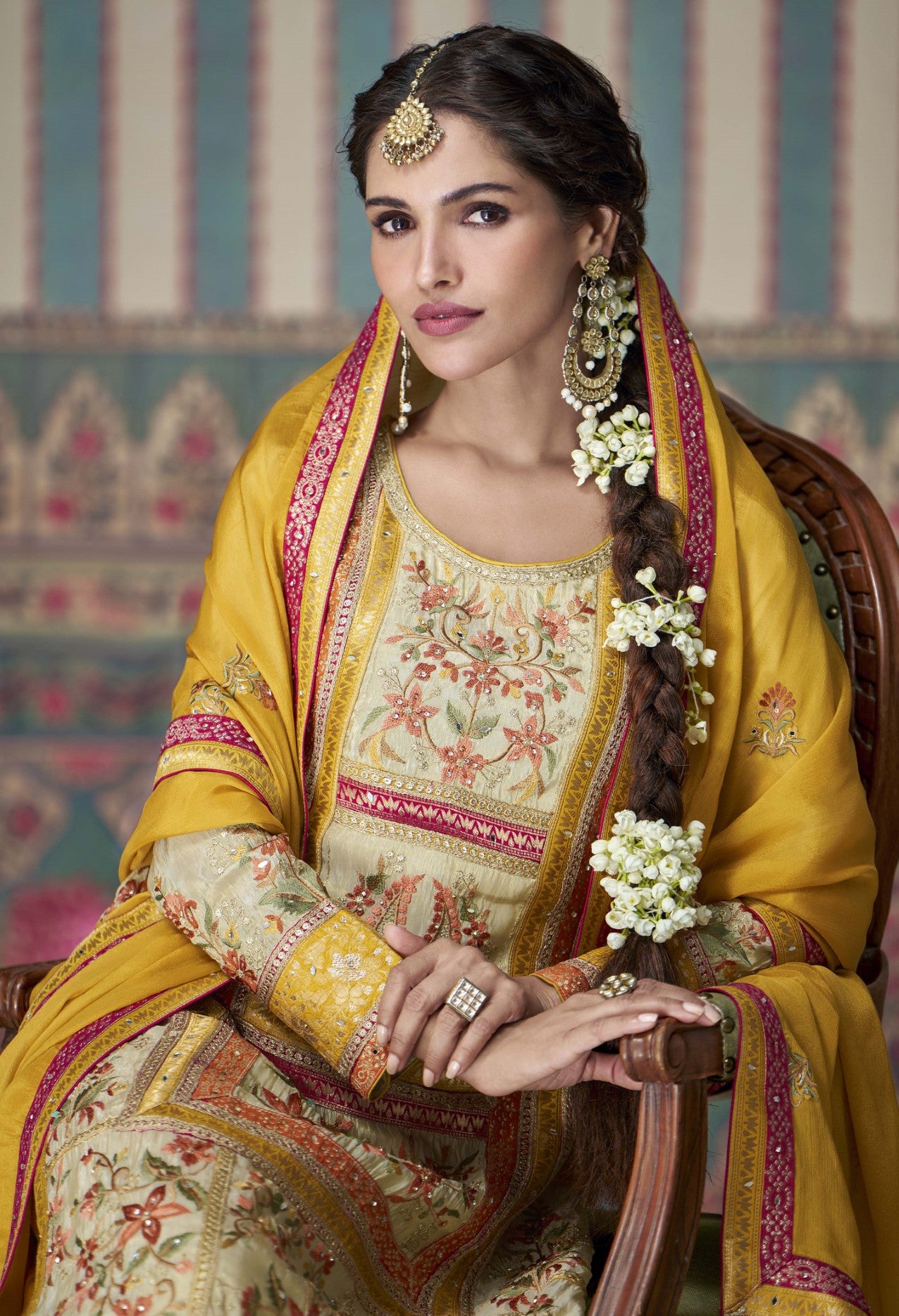 Cream Simar Silk Palazzo Suit With Jacquard Lace Detailing