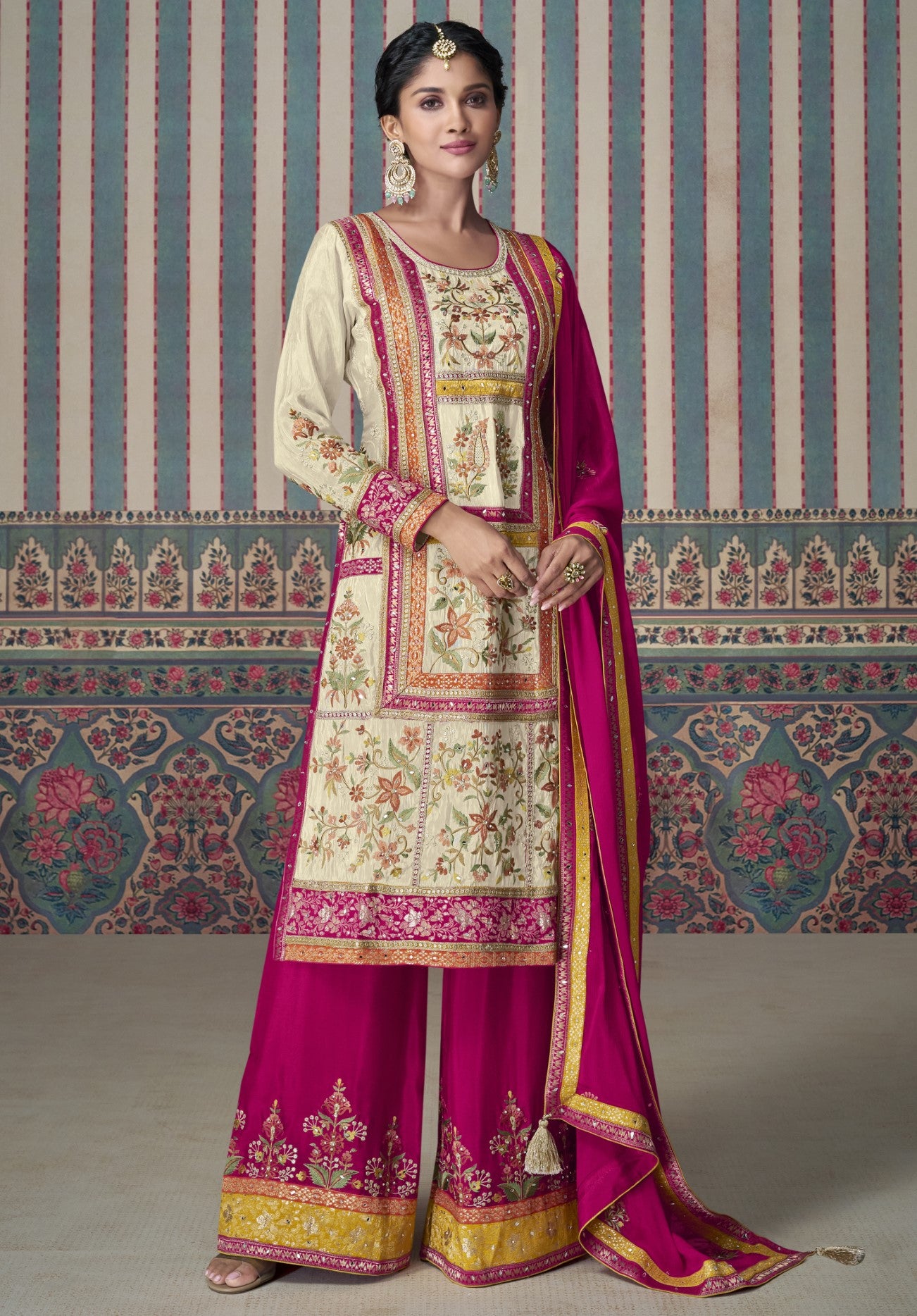 Cream Simar Silk Palazzo Suit With Jacquard Lace Work